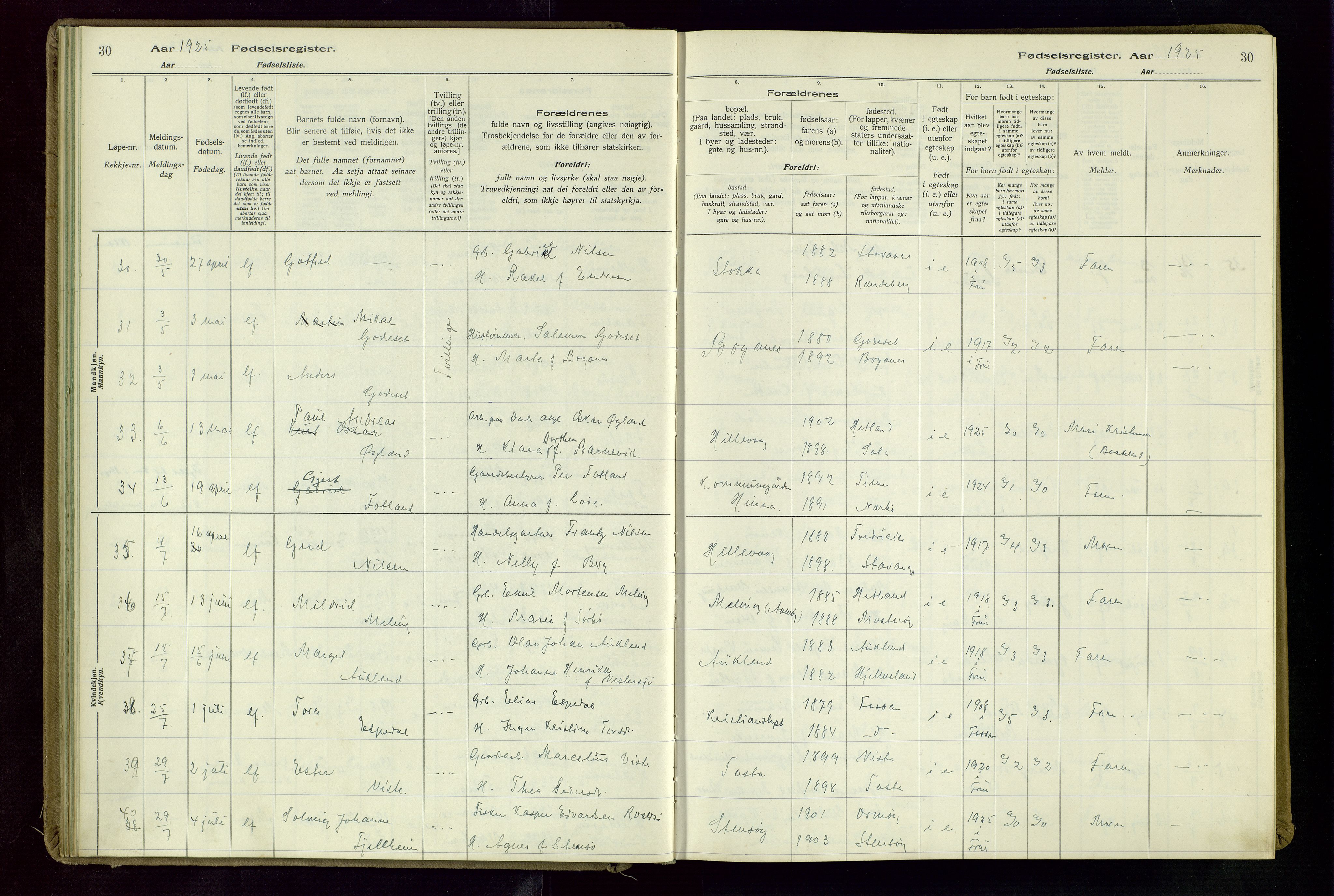 Hetland sokneprestkontor, AV/SAST-A-101826/70/704BA/L0004: Birth register no. 4, 1923-1937, p. 30