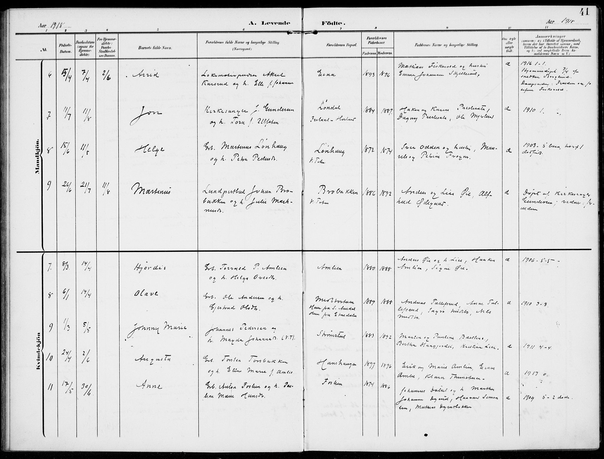 Kolbu prestekontor, SAH/PREST-110/H/Ha/Haa/L0001: Parish register (official) no. 1, 1907-1923, p. 41