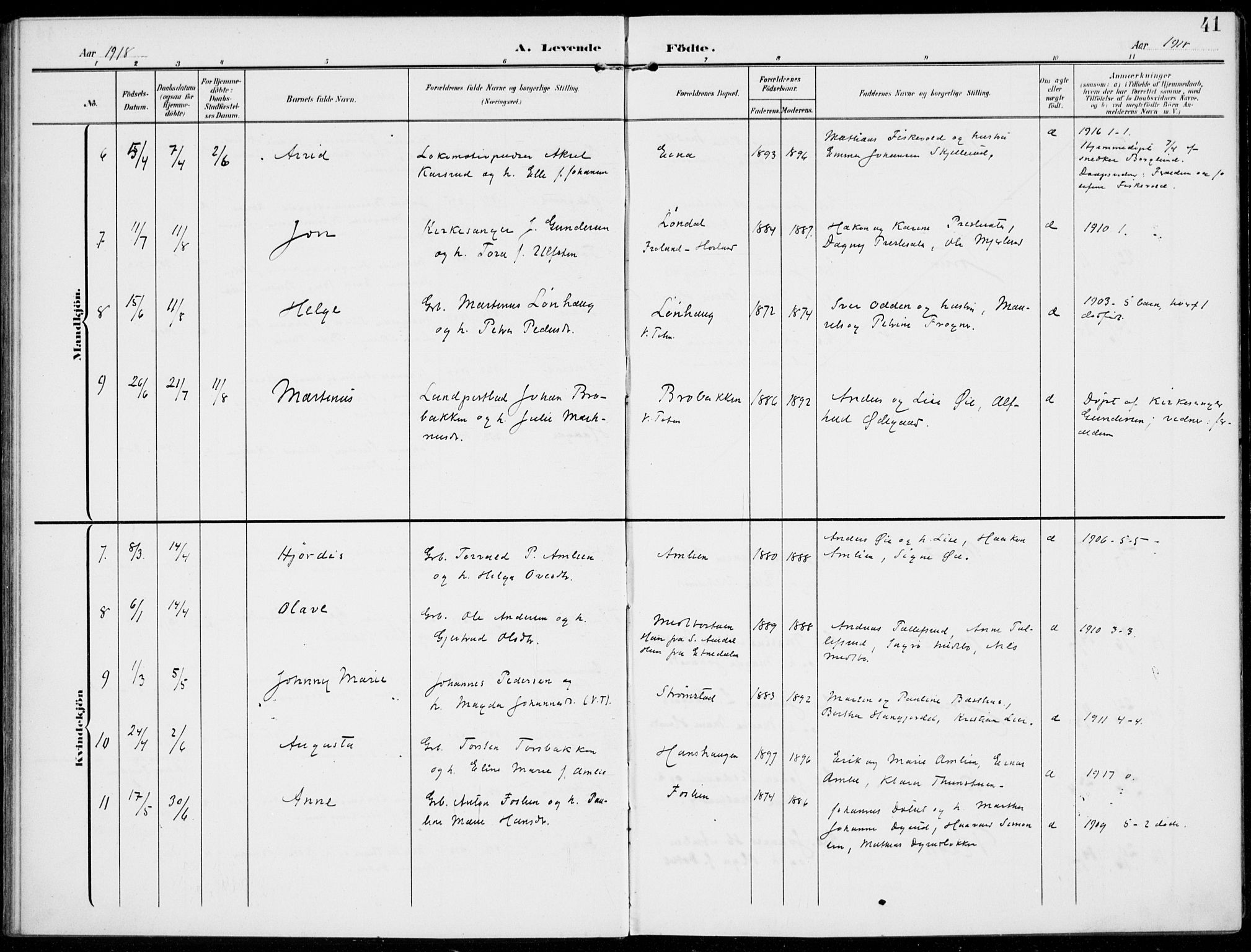 Kolbu prestekontor, AV/SAH-PREST-110/H/Ha/Haa/L0001: Parish register (official) no. 1, 1907-1923, p. 41