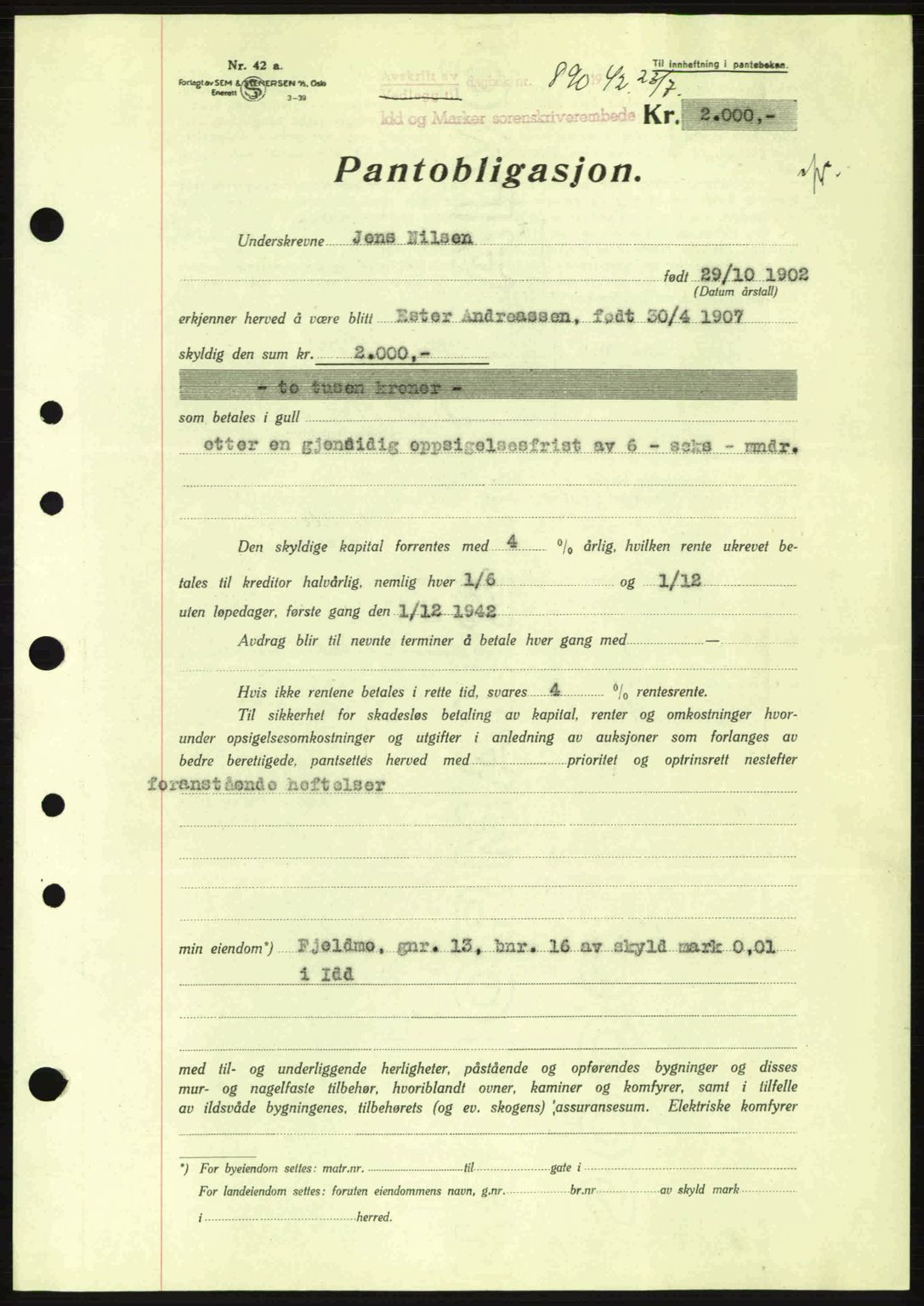 Idd og Marker sorenskriveri, AV/SAO-A-10283/G/Gb/Gbc/L0002: Mortgage book no. B4-9a, 1939-1945, Diary no: : 890/1942