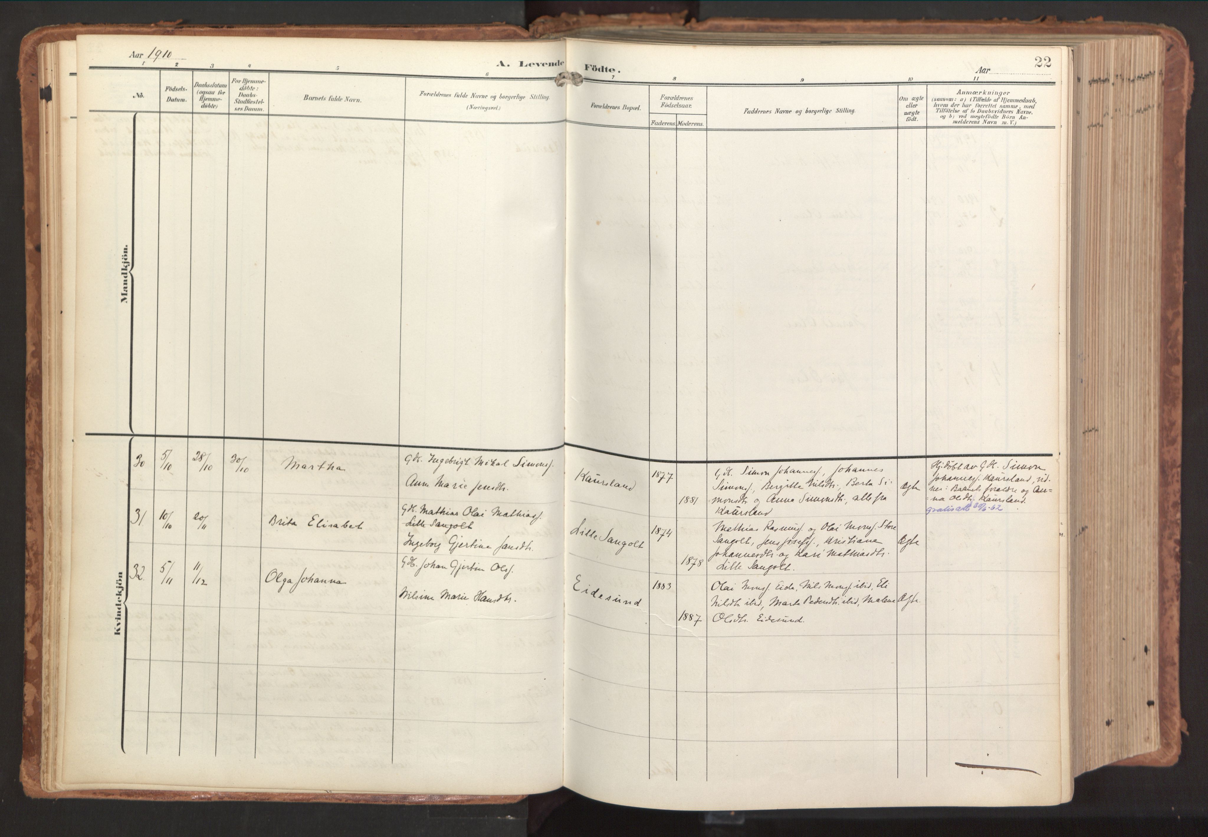 Sund sokneprestembete, AV/SAB-A-99930: Parish register (official) no. B 2, 1907-1926, p. 22