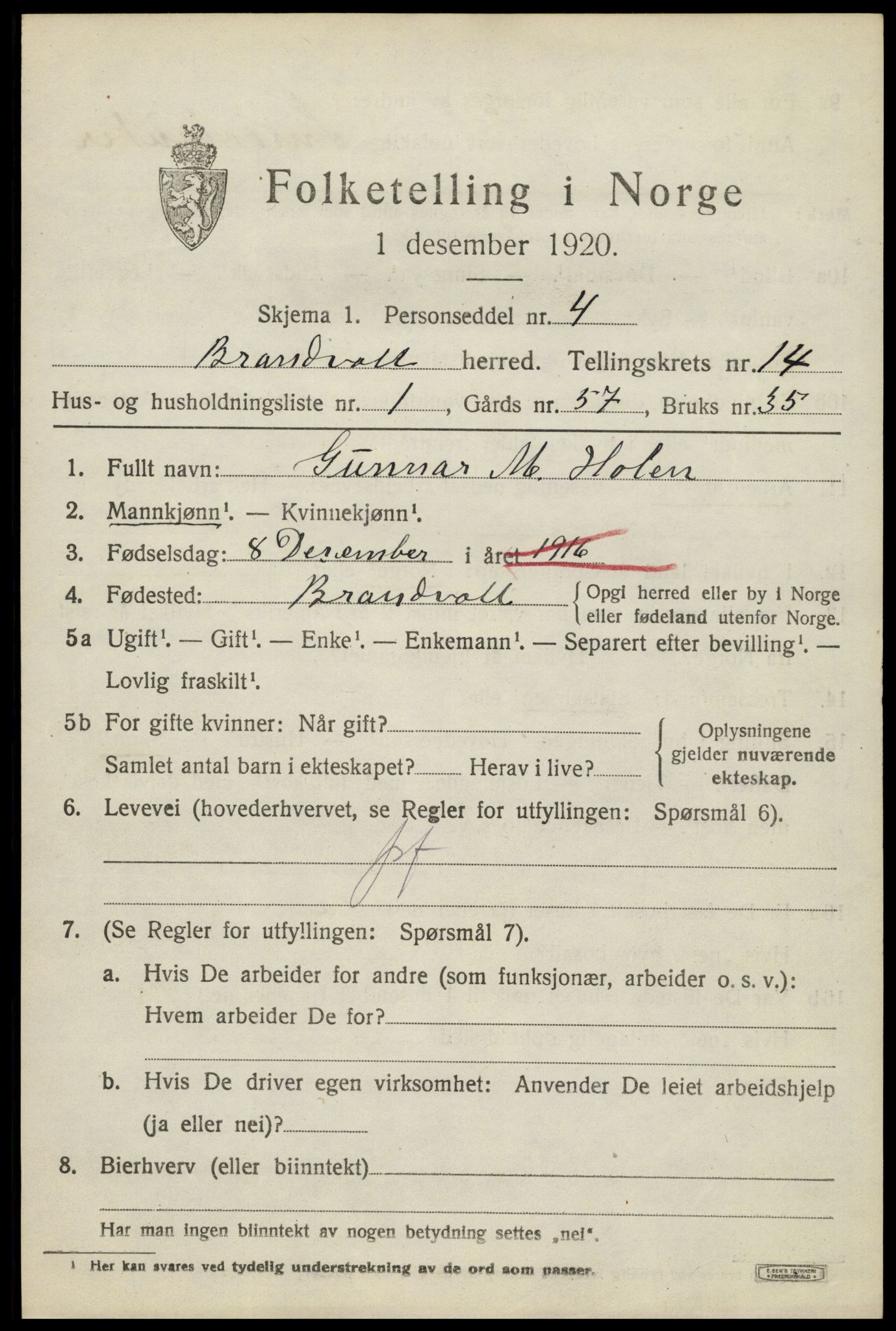 SAH, 1920 census for Brandval, 1920, p. 9490