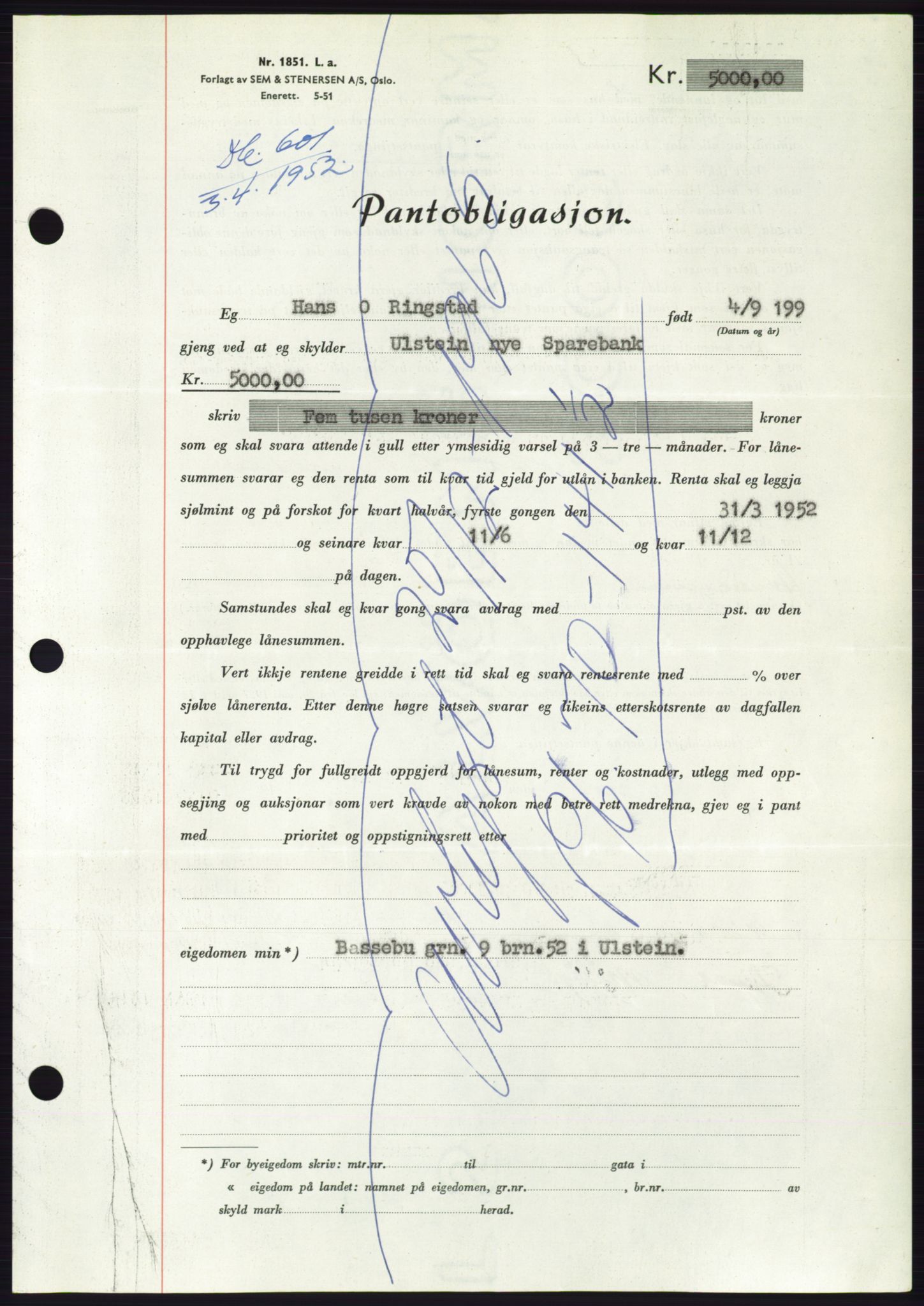 Søre Sunnmøre sorenskriveri, AV/SAT-A-4122/1/2/2C/L0121: Mortgage book no. 9B, 1951-1952, Diary no: : 601/1952