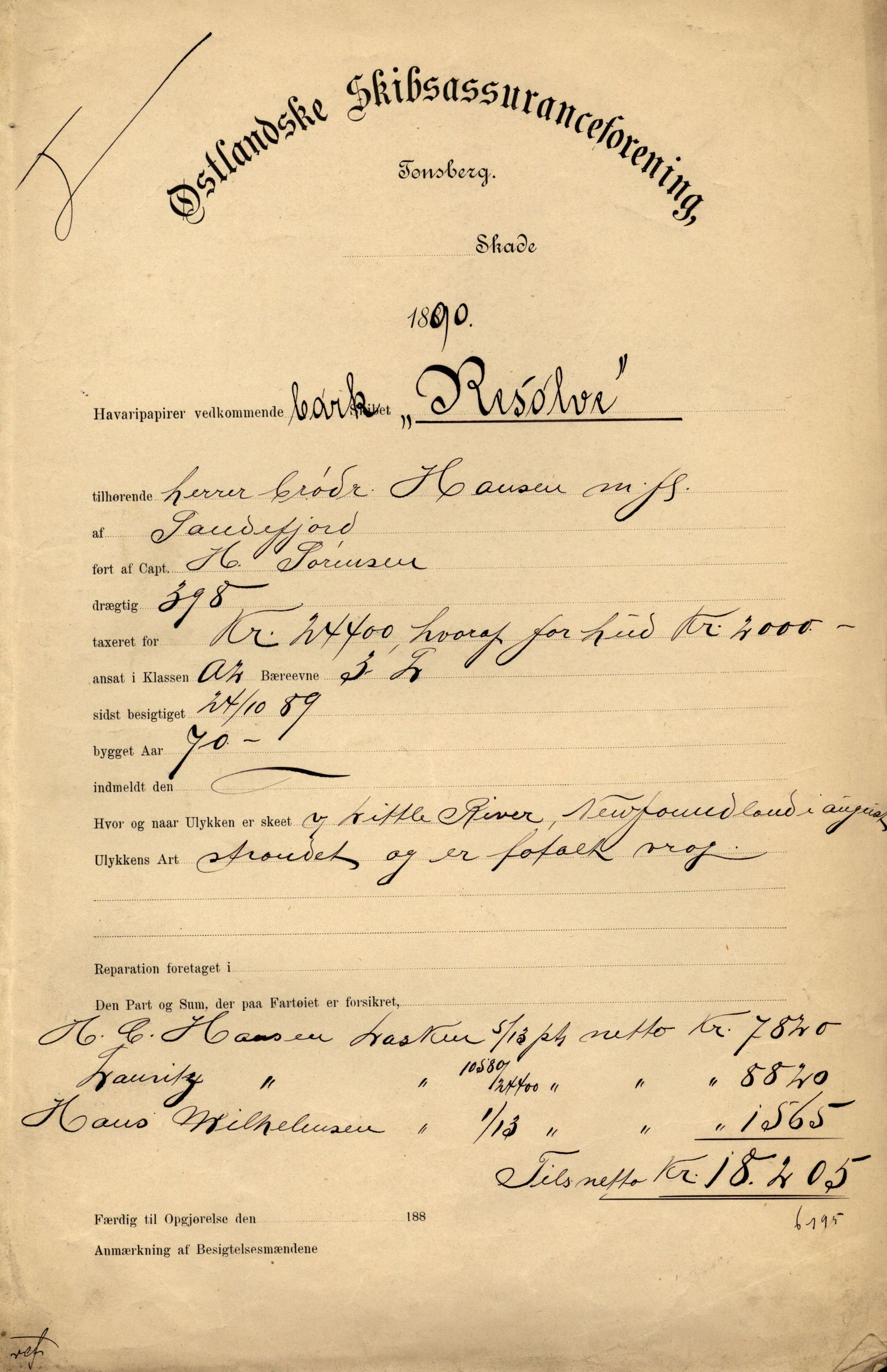 Pa 63 - Østlandske skibsassuranceforening, VEMU/A-1079/G/Ga/L0026/0009: Havaridokumenter / Rex, Resolve, Regulator, Familien, Falcon, Johanne, 1890, p. 5