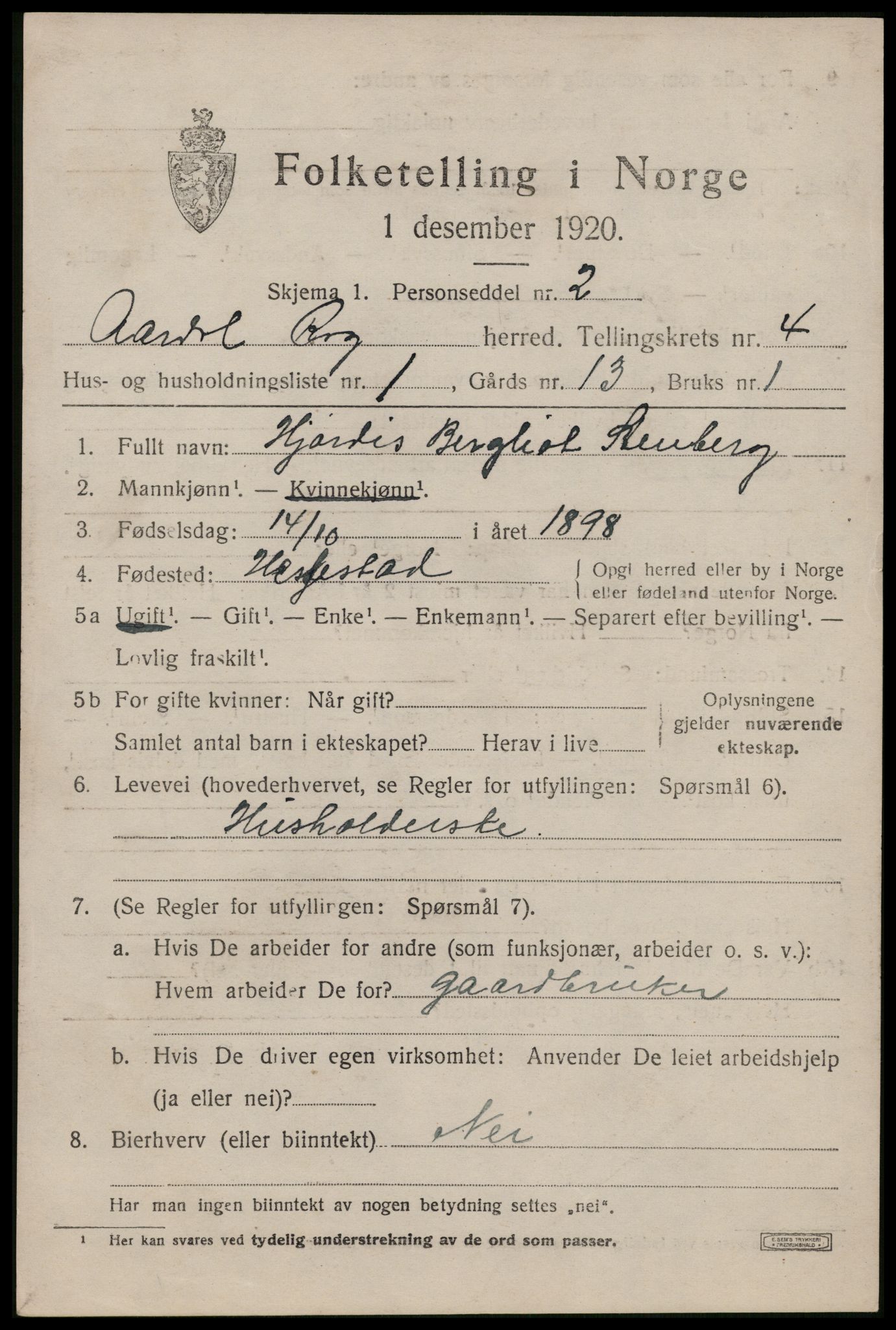 SAST, 1920 census for Årdal, 1920, p. 1176