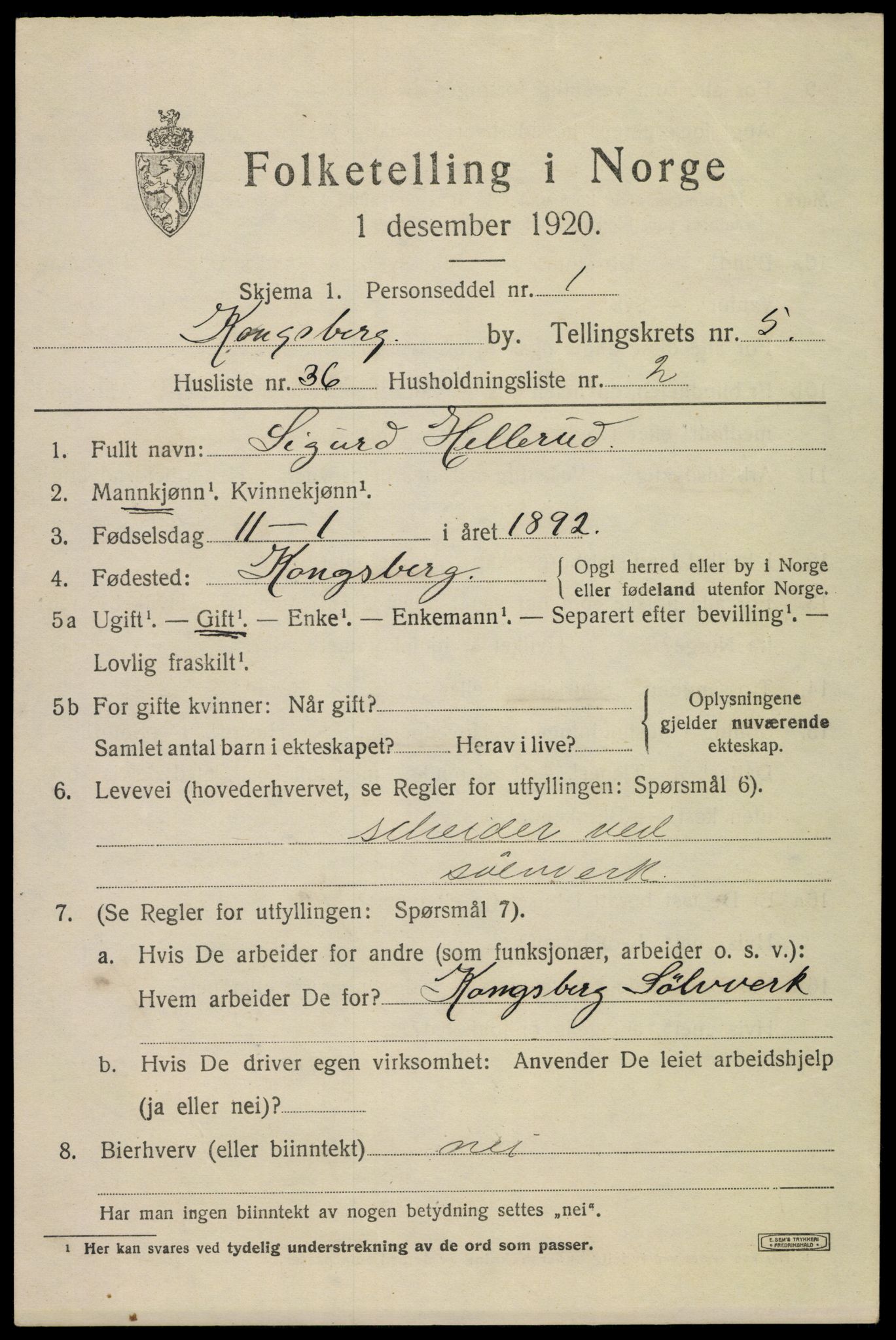 SAKO, 1920 census for Kongsberg, 1920, p. 12968