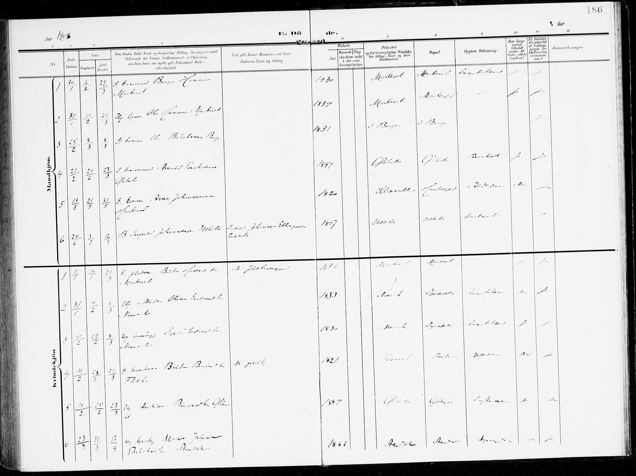 Lavik sokneprestembete, AV/SAB-A-80901: Parish register (official) no. C 2, 1904-1921, p. 186