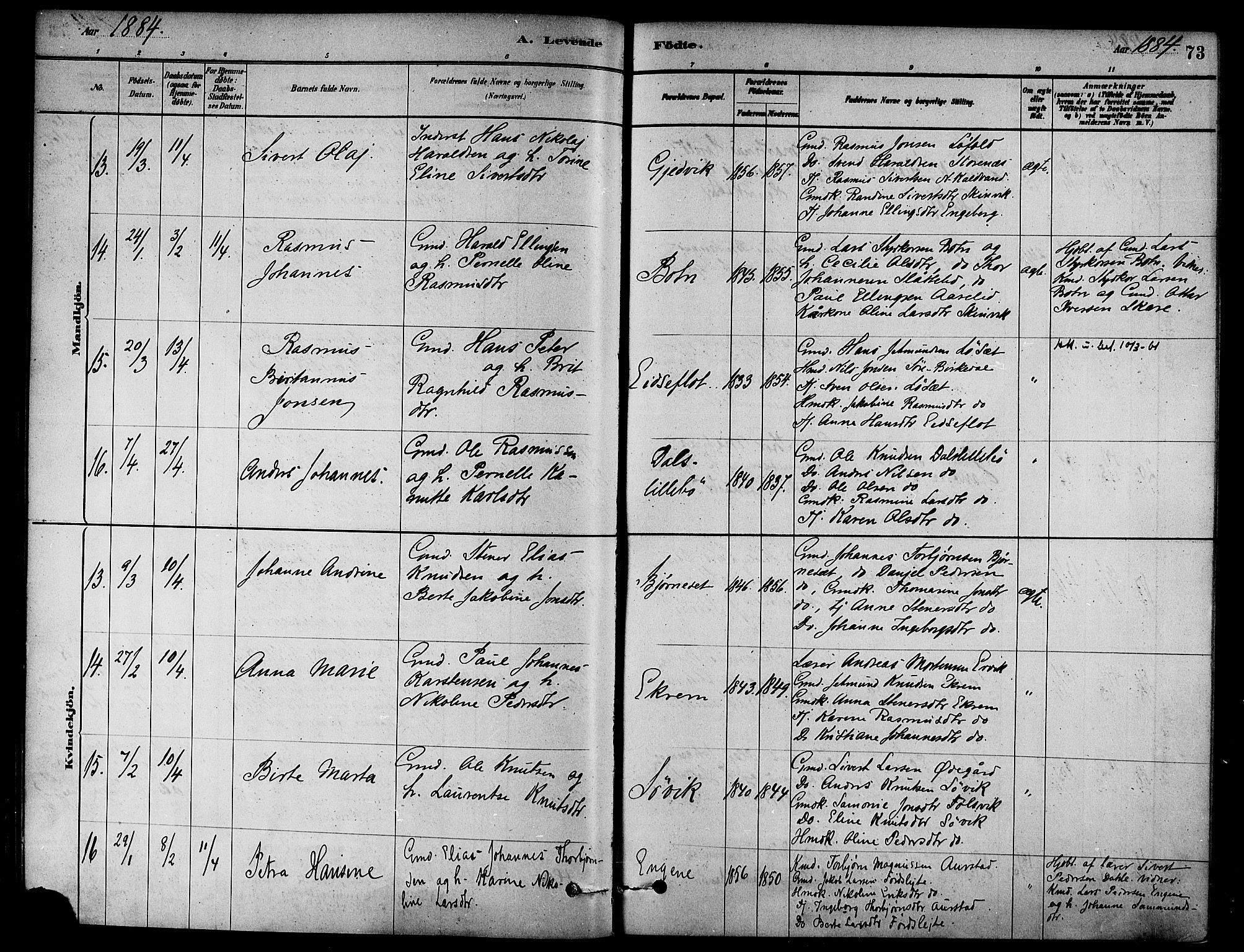 Ministerialprotokoller, klokkerbøker og fødselsregistre - Møre og Romsdal, AV/SAT-A-1454/511/L0141: Parish register (official) no. 511A08, 1878-1890, p. 73