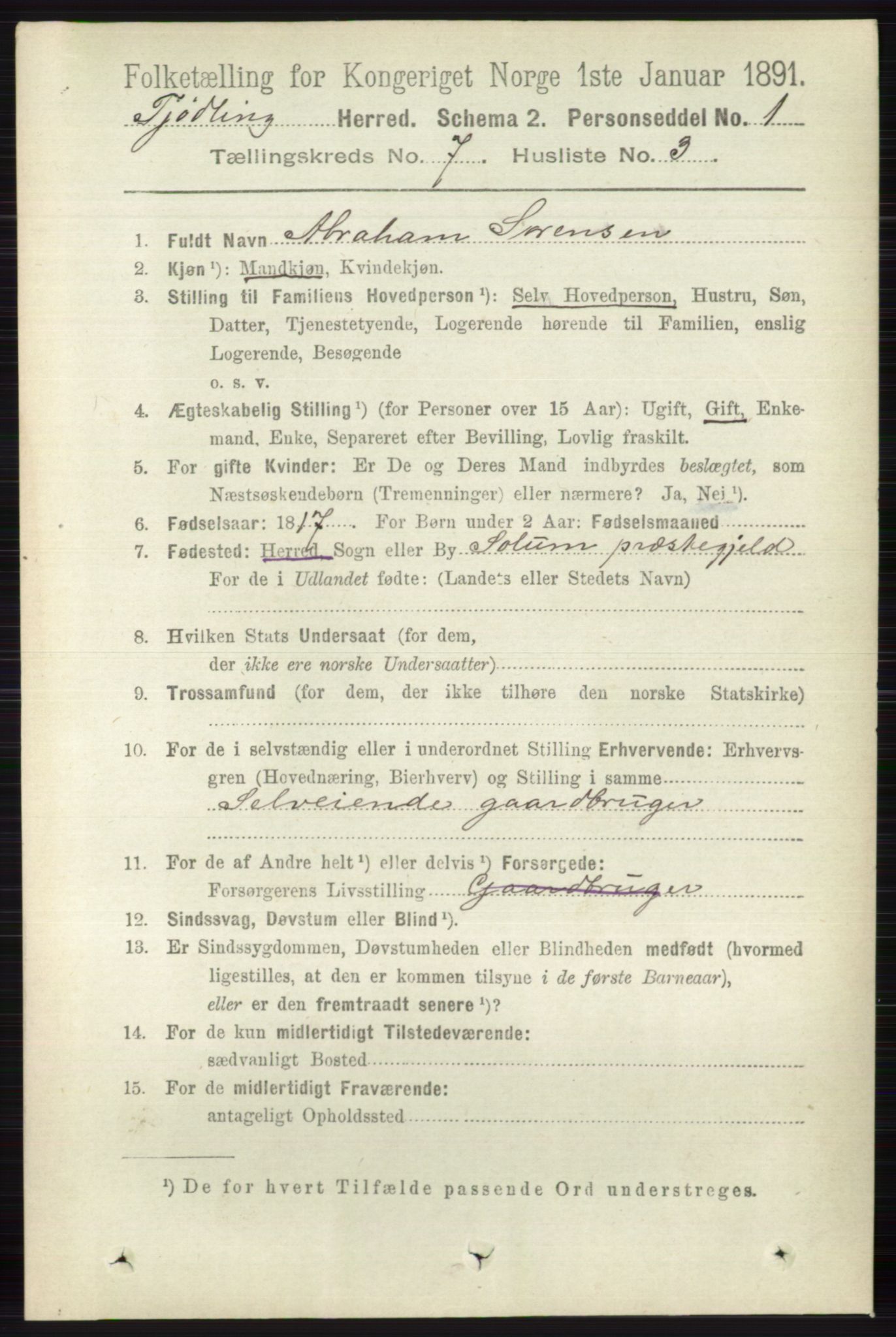 RA, 1891 census for 0725 Tjølling, 1891, p. 3681