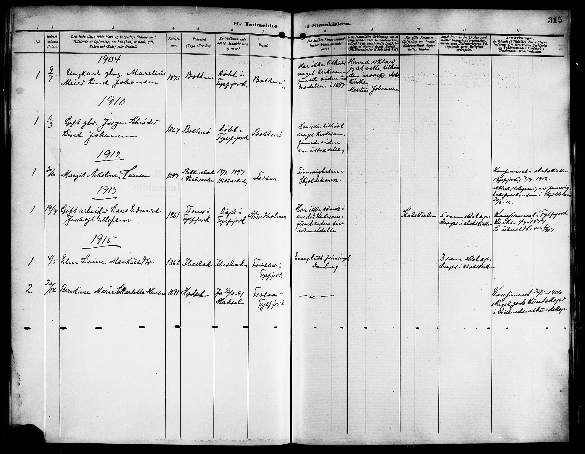 Ministerialprotokoller, klokkerbøker og fødselsregistre - Nordland, AV/SAT-A-1459/861/L0877: Parish register (copy) no. 861C03, 1903-1919, p. 315