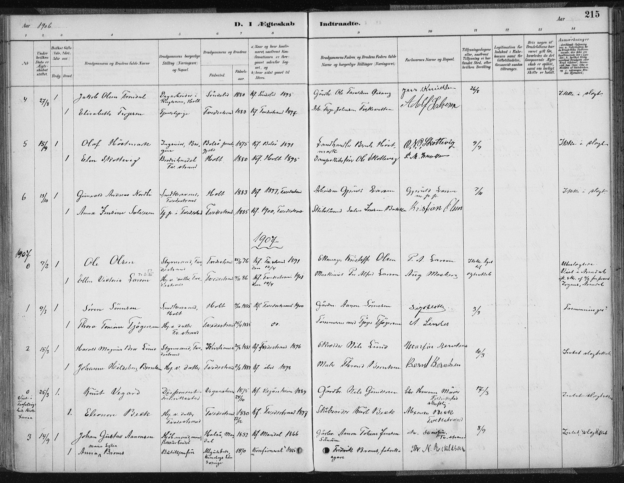 Tvedestrand sokneprestkontor, AV/SAK-1111-0042/F/Fa/L0001: Parish register (official) no. A 1, 1885-1916, p. 215