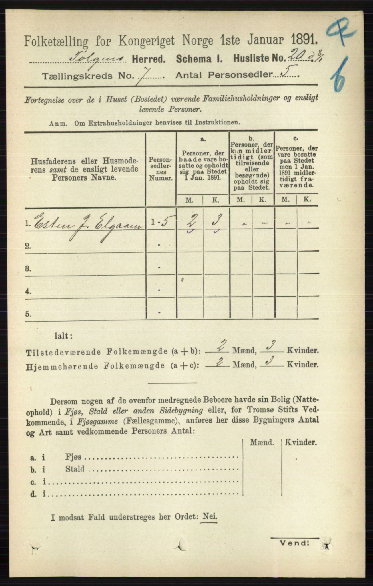 RA, 1891 census for 0436 Tolga, 1891, p. 2007