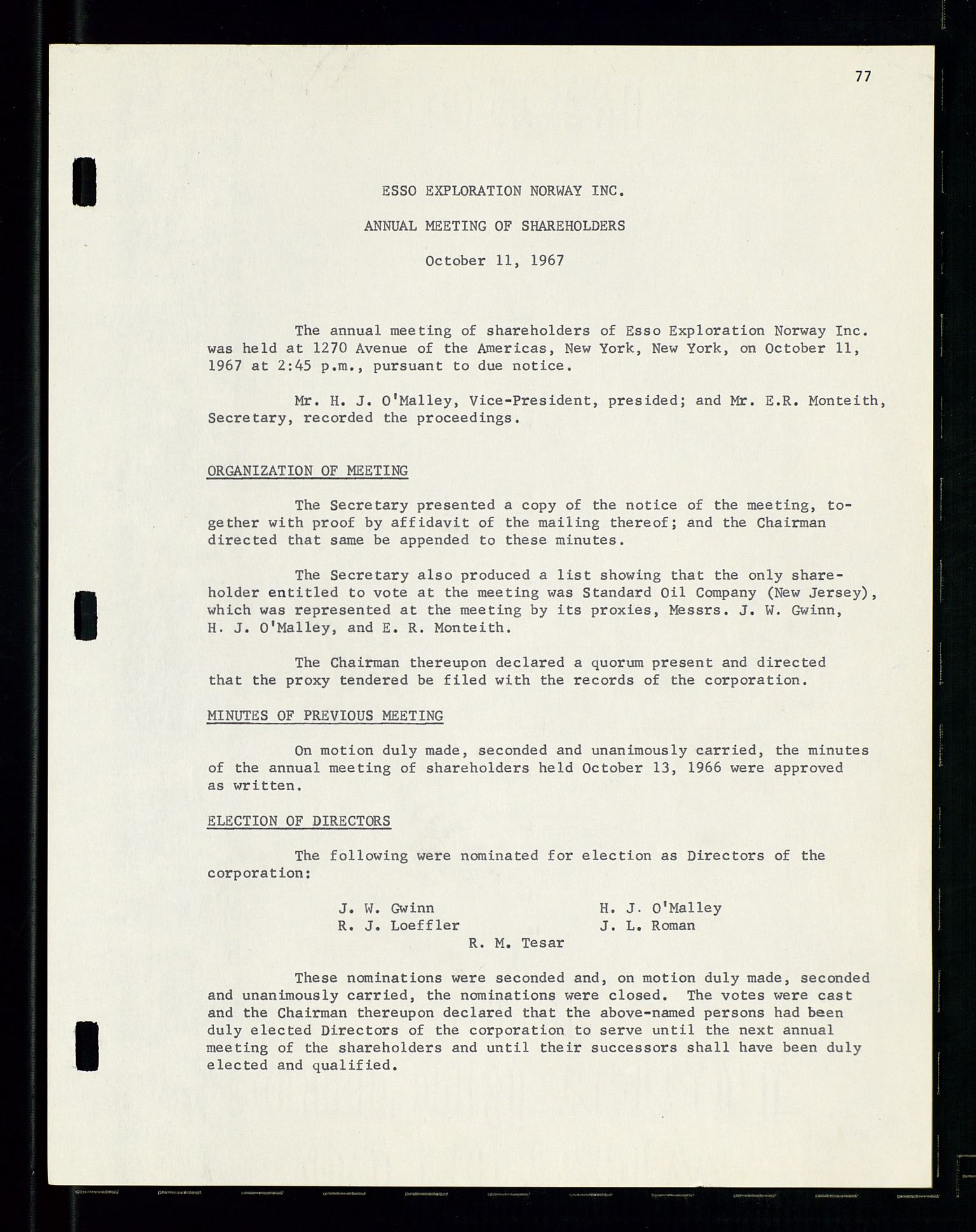 Pa 1512 - Esso Exploration and Production Norway Inc., SAST/A-101917/A/Aa/L0001/0001: Styredokumenter / Corporate records, By-Laws, Board meeting minutes, Incorporations, 1965-1975, p. 77
