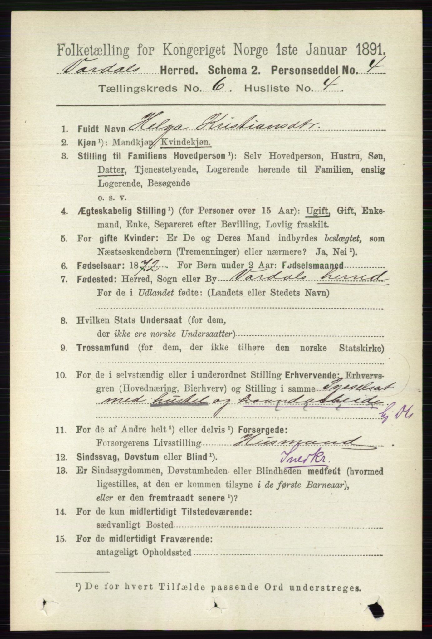 RA, 1891 census for 0527 Vardal, 1891, p. 2398