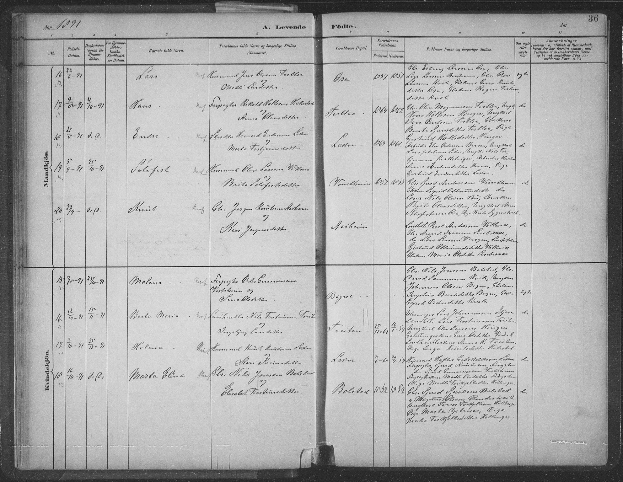 Ulvik sokneprestembete, SAB/A-78801/H/Hab: Parish register (copy) no. A 3, 1883-1908, p. 36