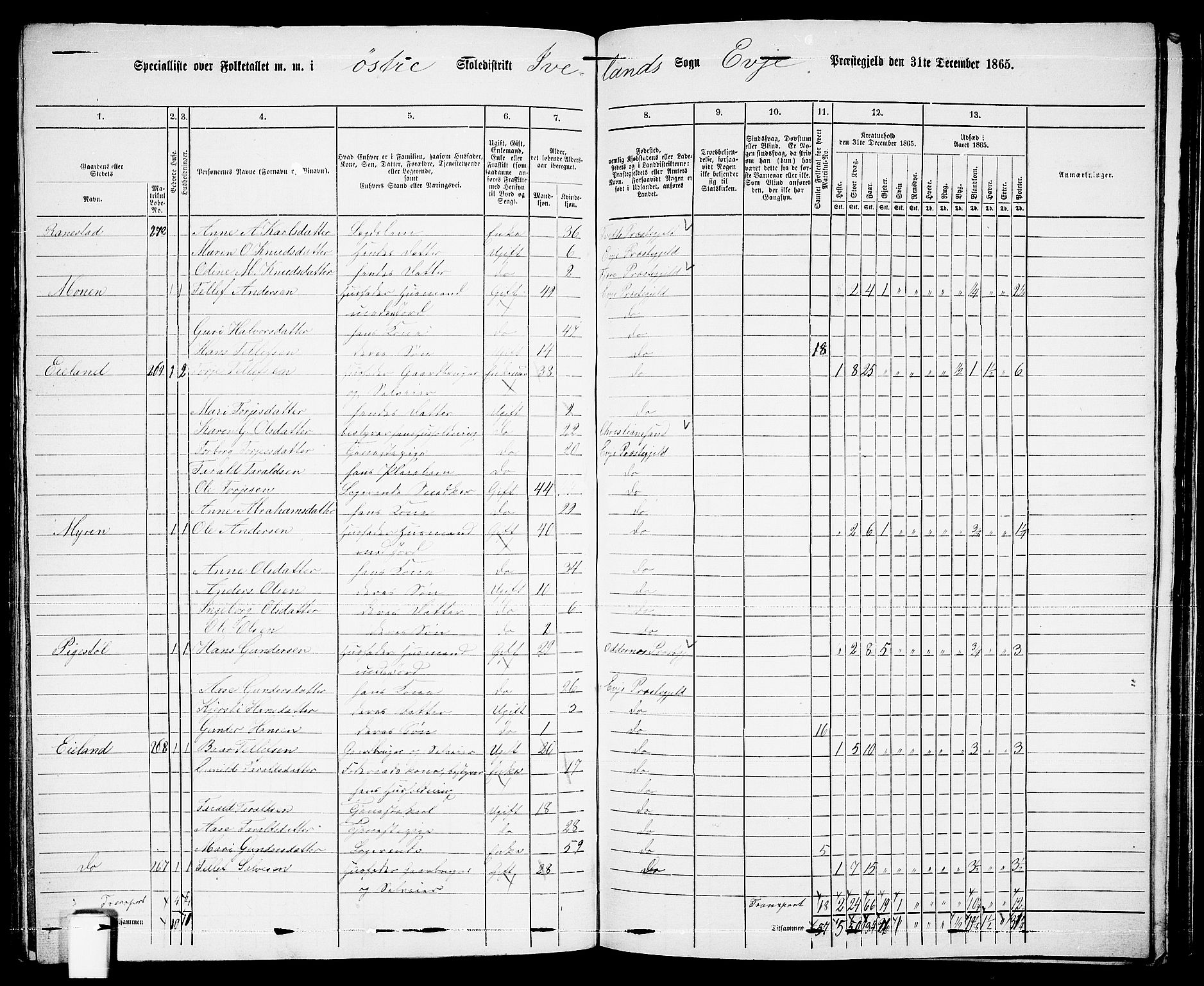 RA, 1865 census for Evje, 1865, p. 145