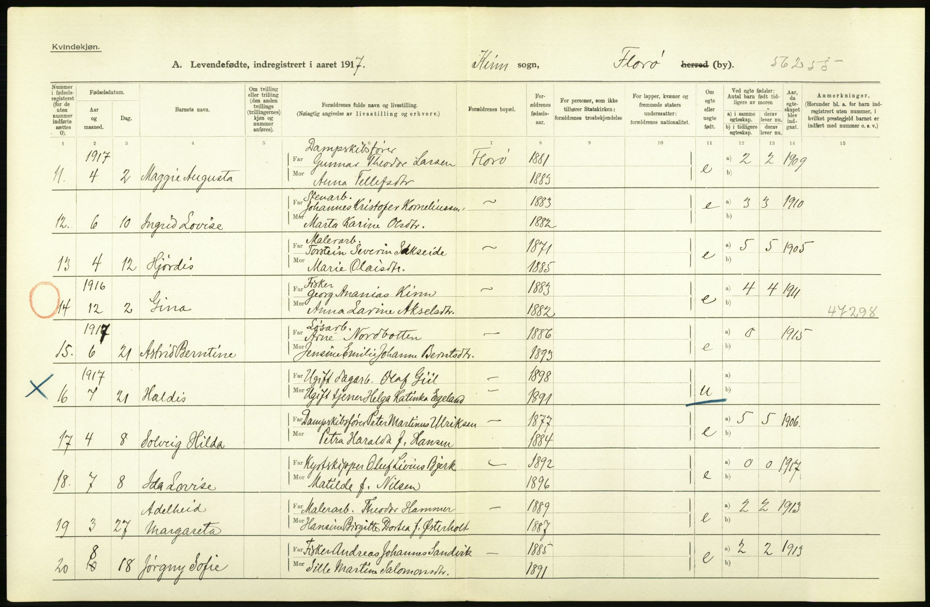 Statistisk sentralbyrå, Sosiodemografiske emner, Befolkning, AV/RA-S-2228/D/Df/Dfb/Dfbg/L0041: Florø by: Levendefødte menn og kvinner, gifte, døde, dødfødte., 1917, p. 10