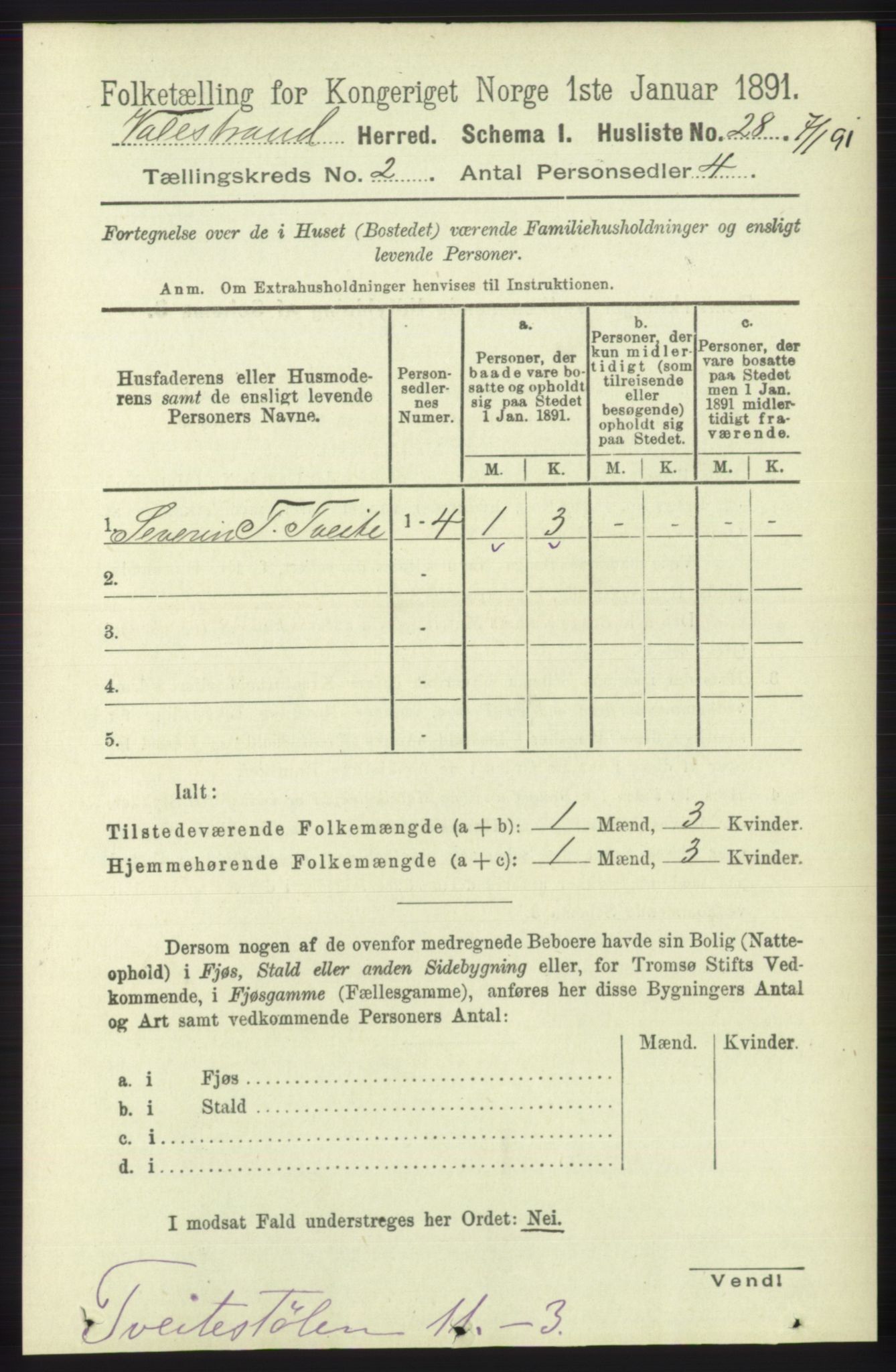 RA, 1891 census for 1217 Valestrand, 1891, p. 287