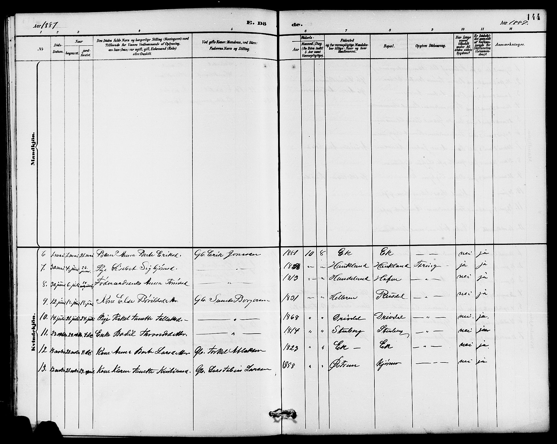 Lund sokneprestkontor, AV/SAST-A-101809/S07/L0006: Parish register (copy) no. B 6, 1885-1901, p. 144