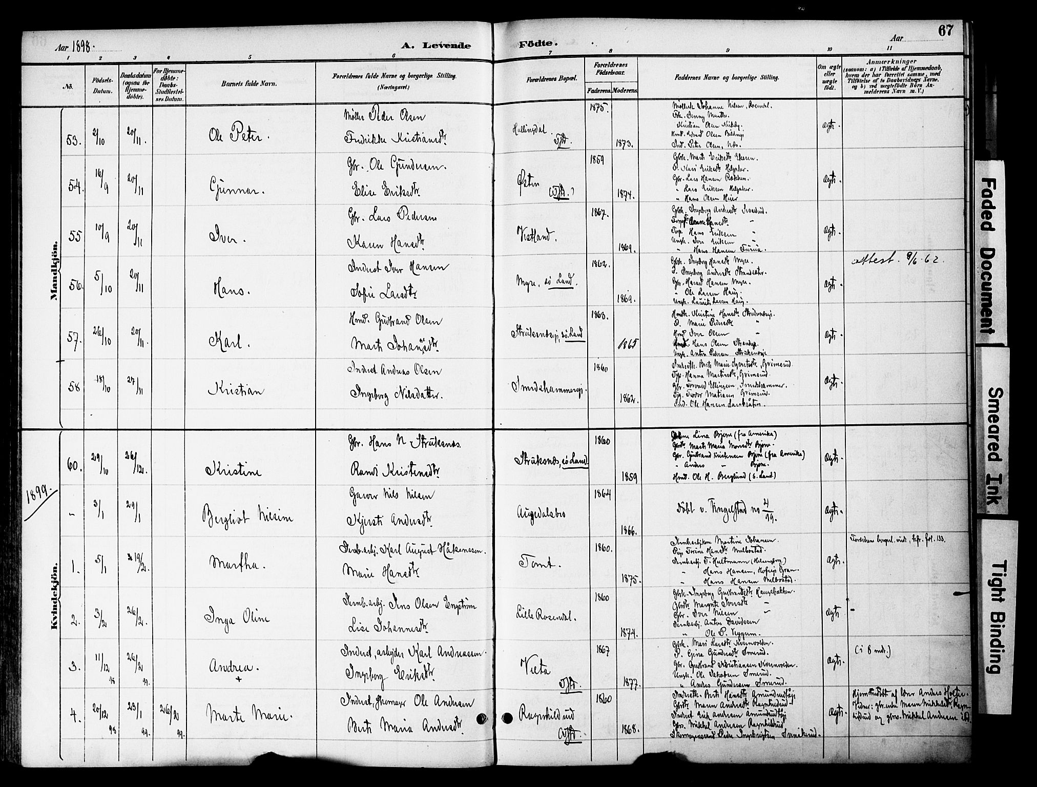 Gran prestekontor, SAH/PREST-112/H/Ha/Haa/L0020: Parish register (official) no. 20, 1889-1899, p. 67