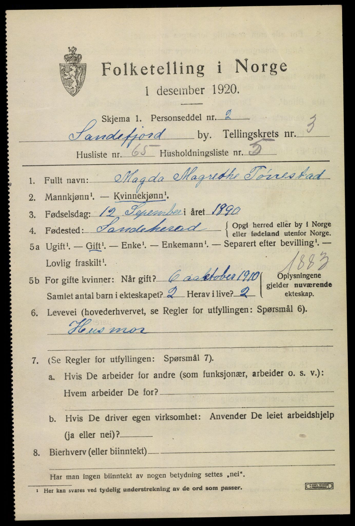 SAKO, 1920 census for Sandefjord, 1920, p. 7402