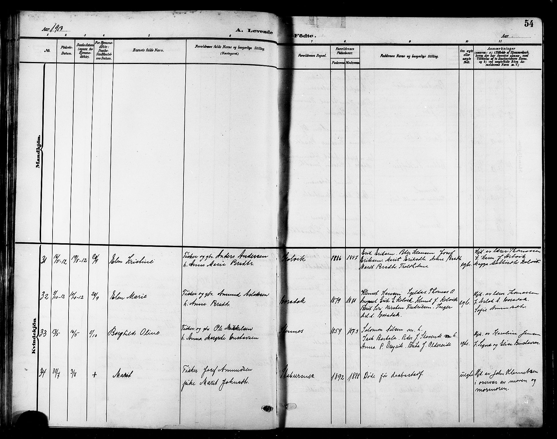 Kistrand/Porsanger sokneprestembete, AV/SATØ-S-1351/H/Hb/L0006.klokk: Parish register (copy) no. 6, 1905-1917, p. 54