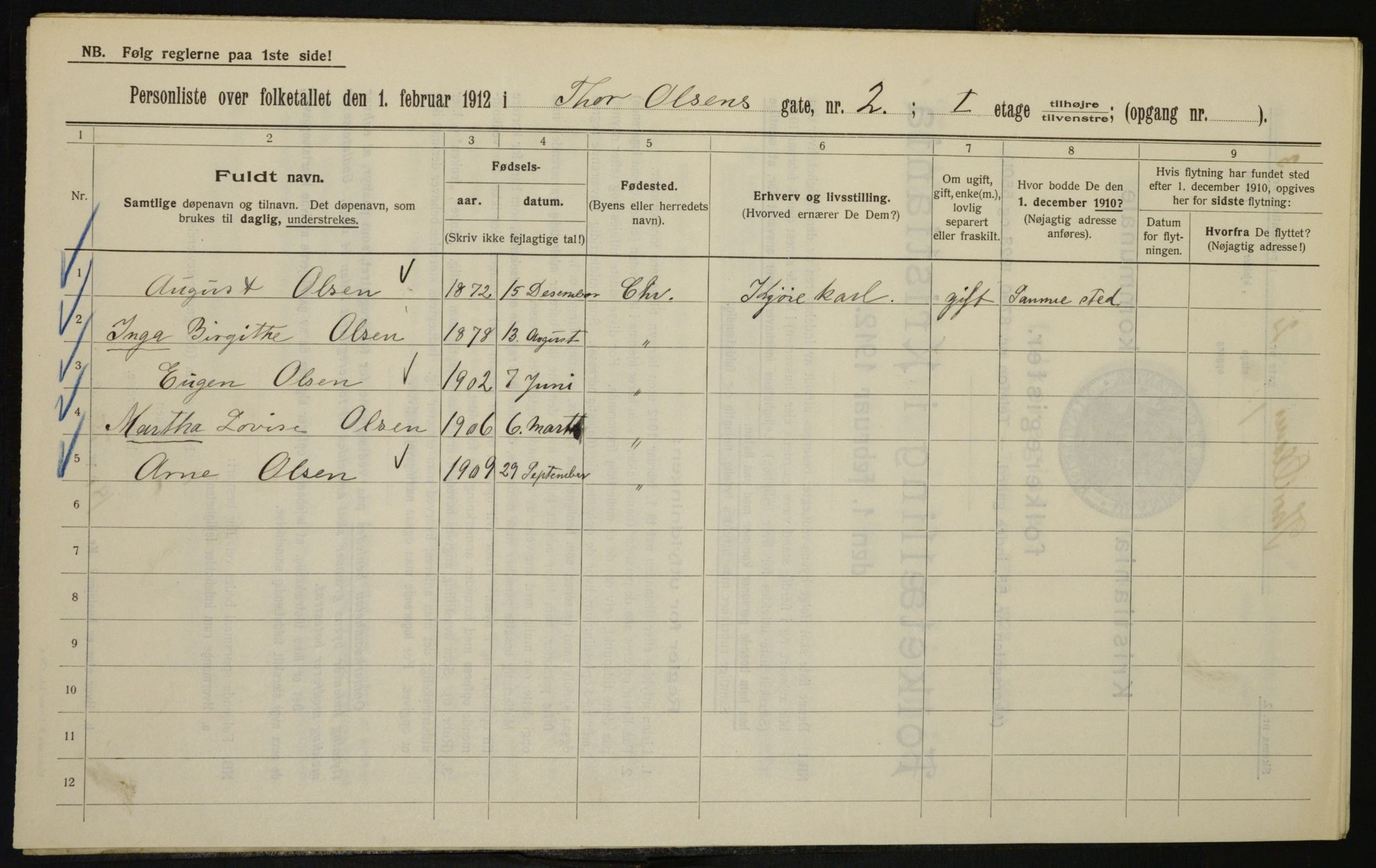 OBA, Municipal Census 1912 for Kristiania, 1912, p. 109254