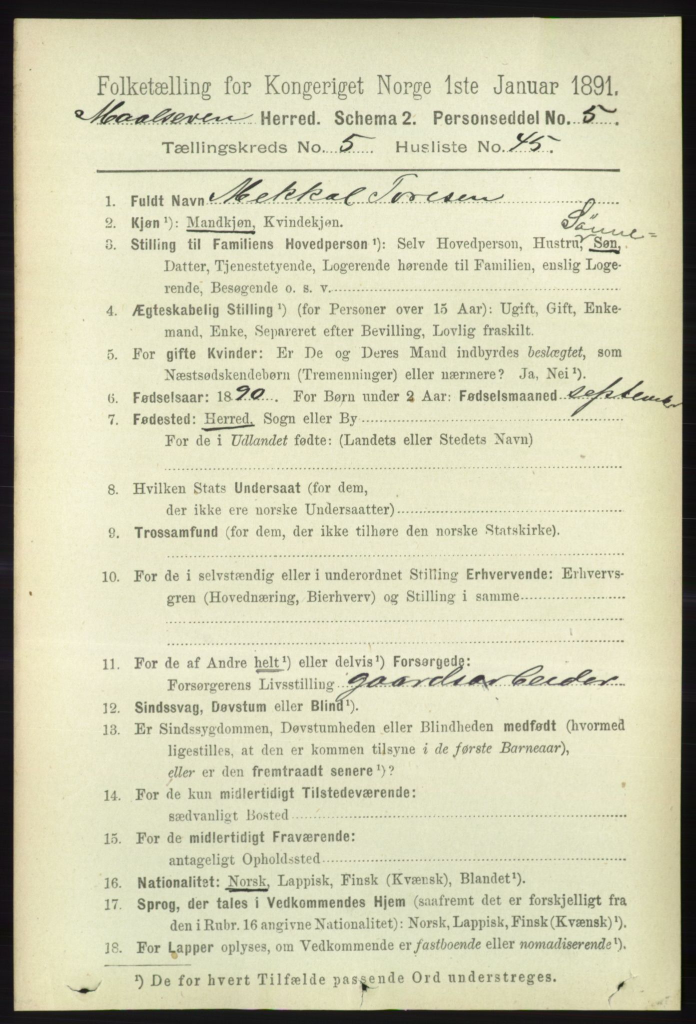 RA, 1891 census for 1924 Målselv, 1891, p. 1929