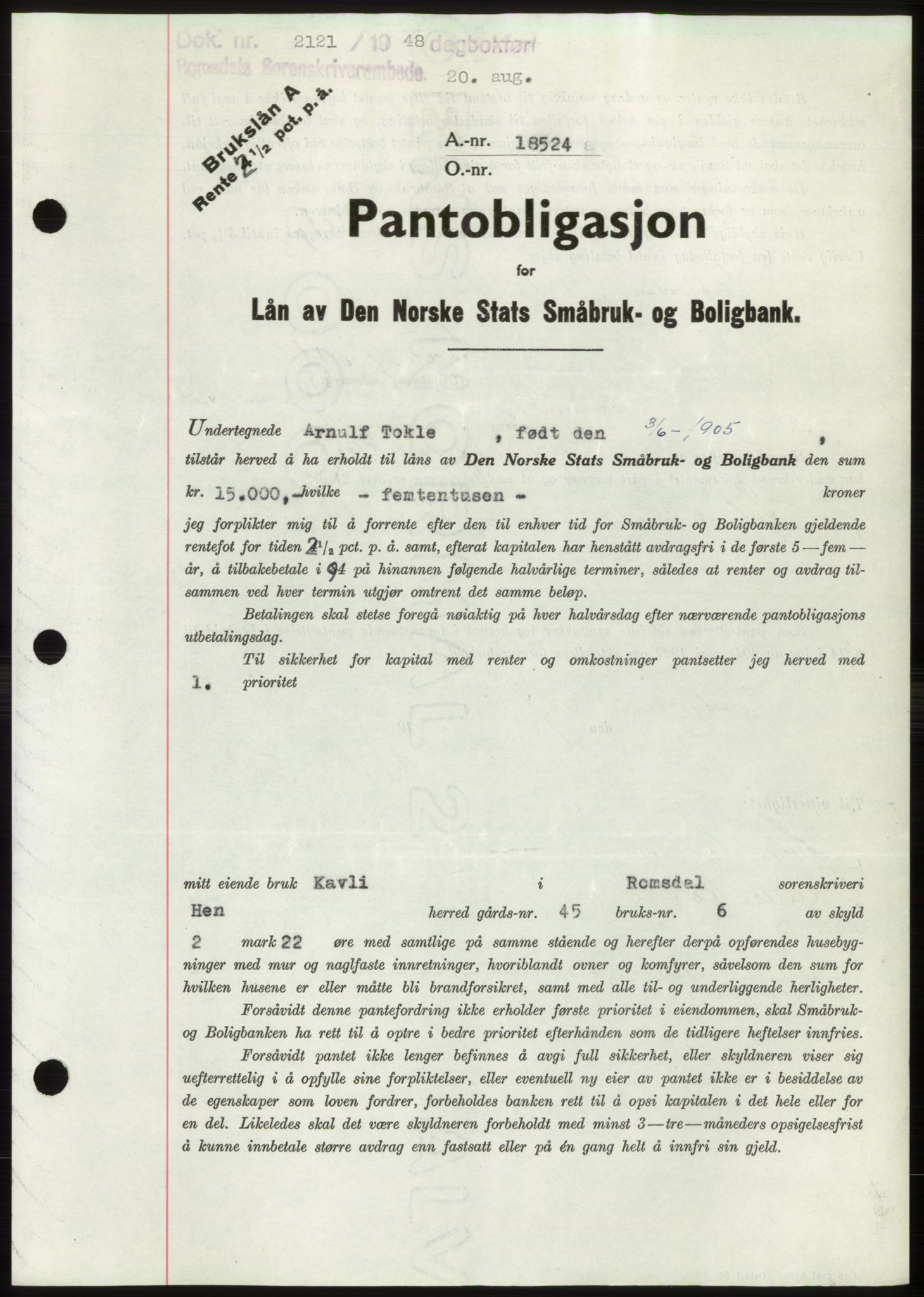 Romsdal sorenskriveri, AV/SAT-A-4149/1/2/2C: Mortgage book no. B4, 1948-1949, Diary no: : 2121/1948