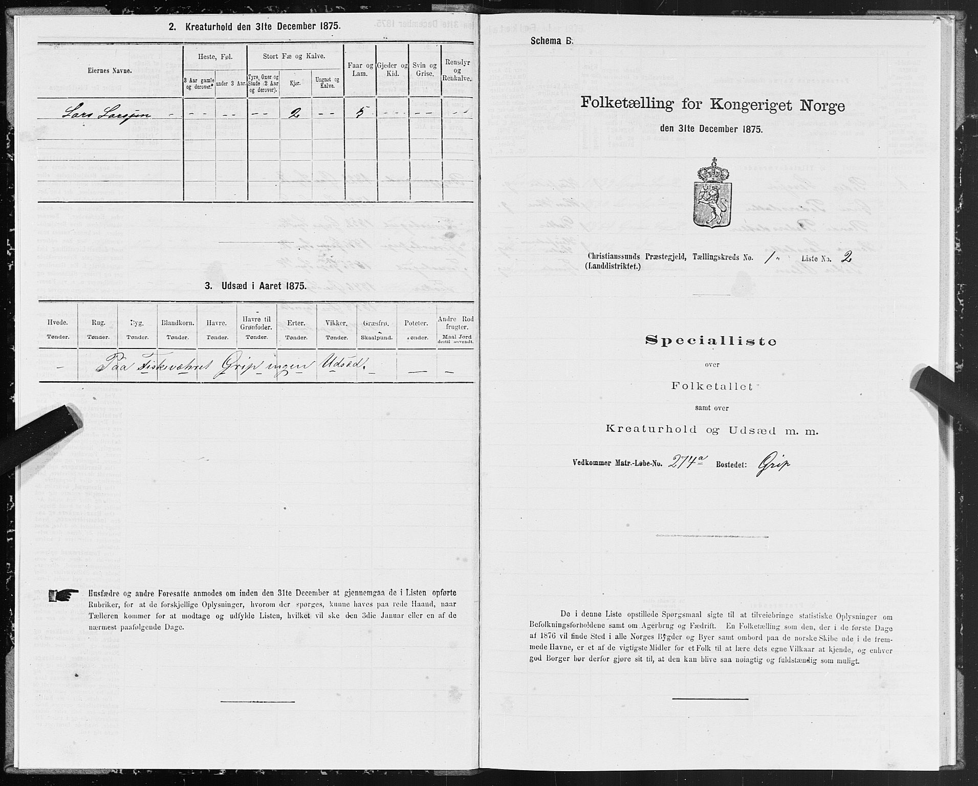 SAT, 1875 census for 1556L Kristiansund/Frei og Grip, 1875