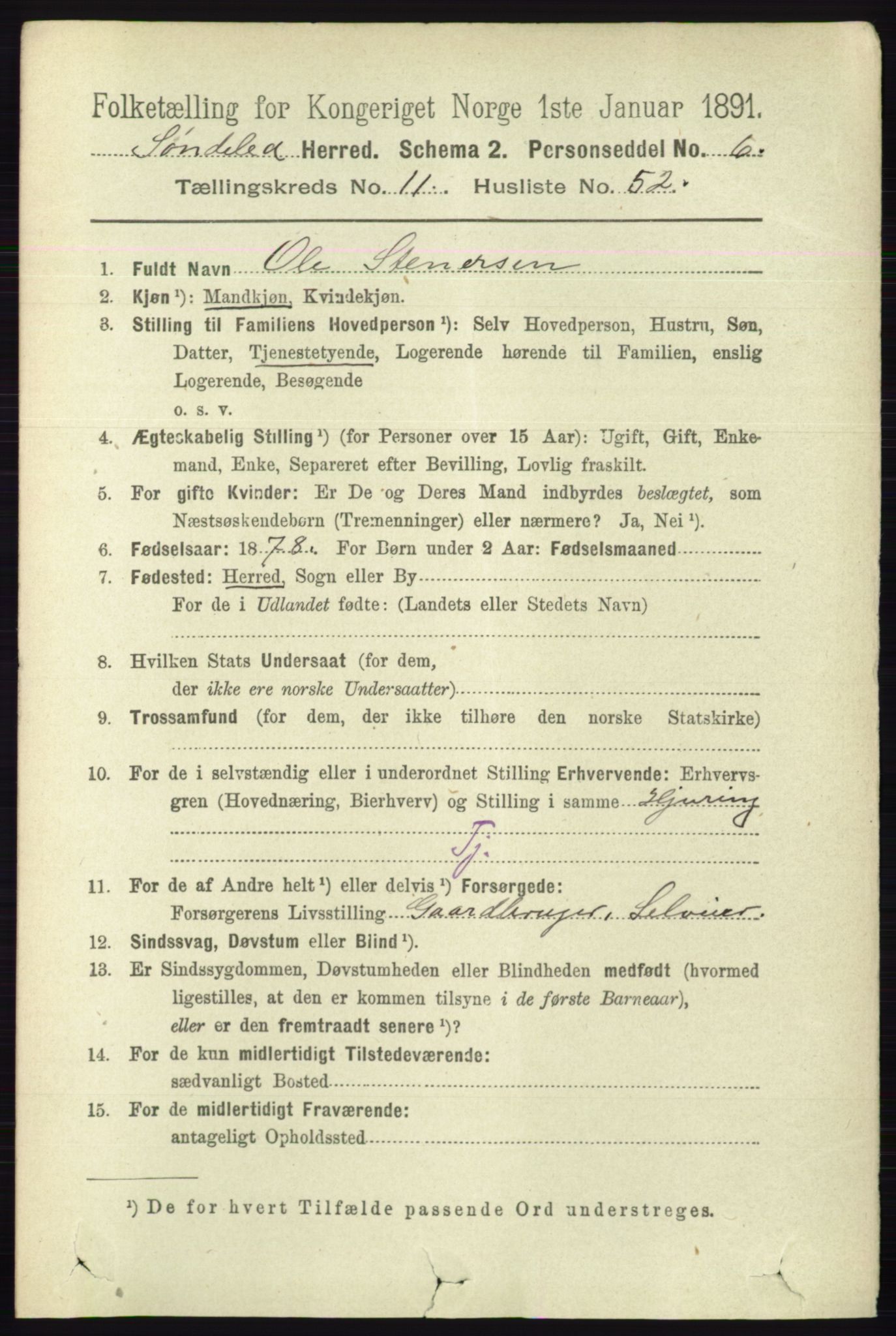 RA, 1891 census for 0913 Søndeled, 1891, p. 3638