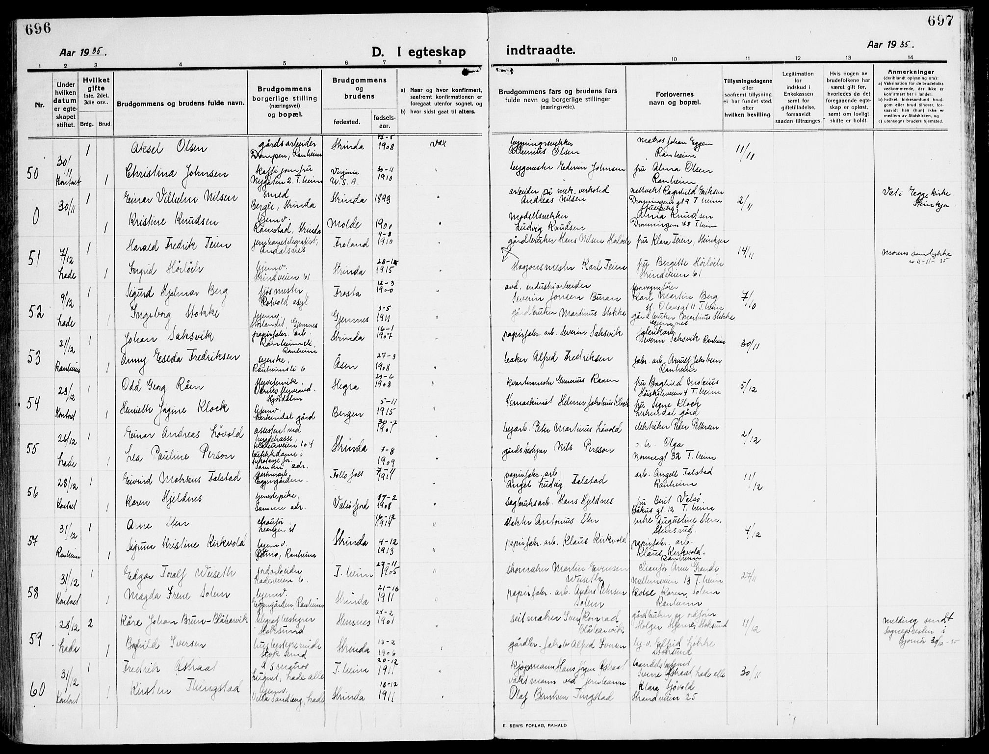 Ministerialprotokoller, klokkerbøker og fødselsregistre - Sør-Trøndelag, AV/SAT-A-1456/607/L0321: Parish register (official) no. 607A05, 1916-1935, p. 696-697