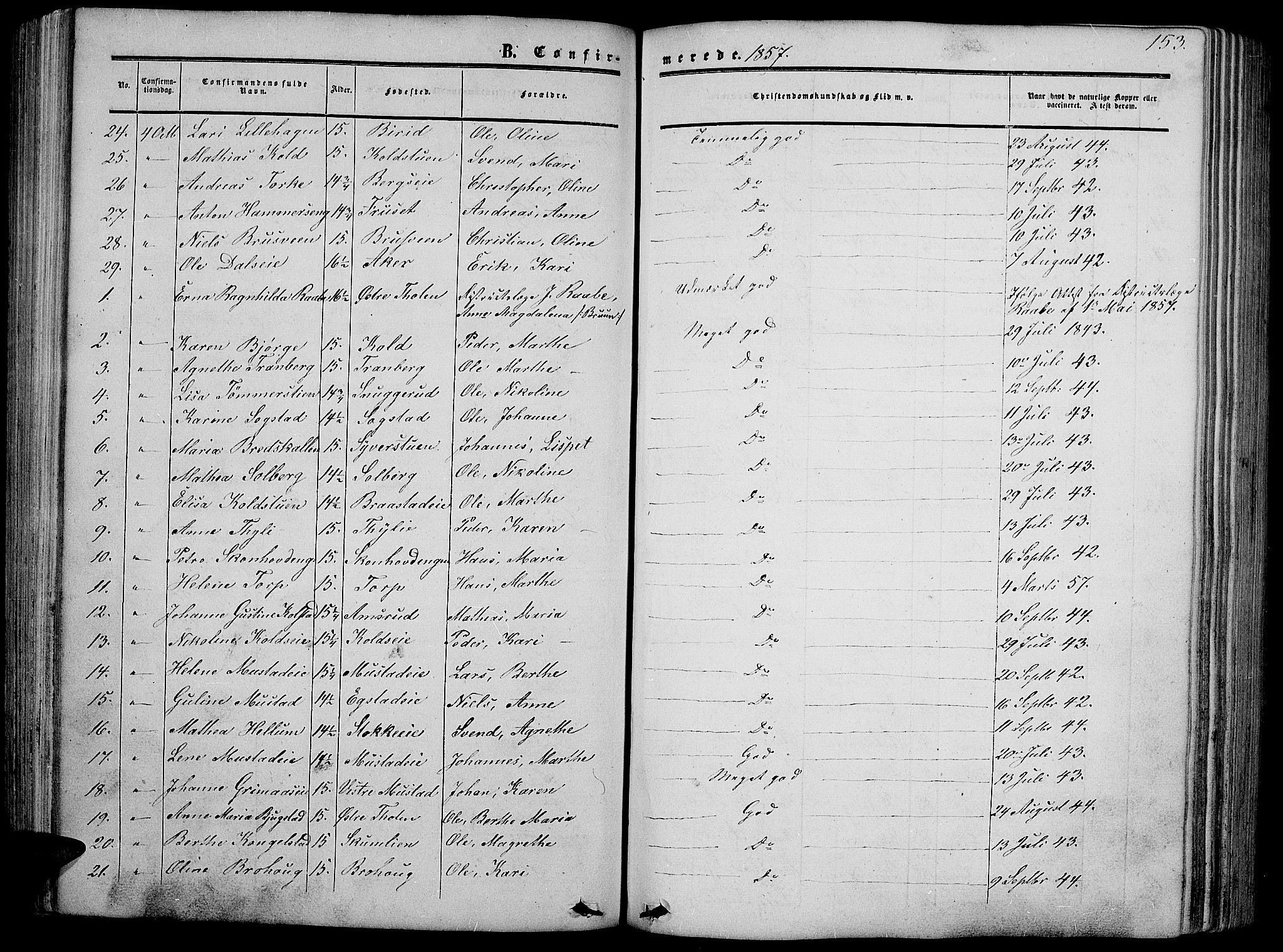Vardal prestekontor, SAH/PREST-100/H/Ha/Hab/L0005: Parish register (copy) no. 5, 1854-1868, p. 153