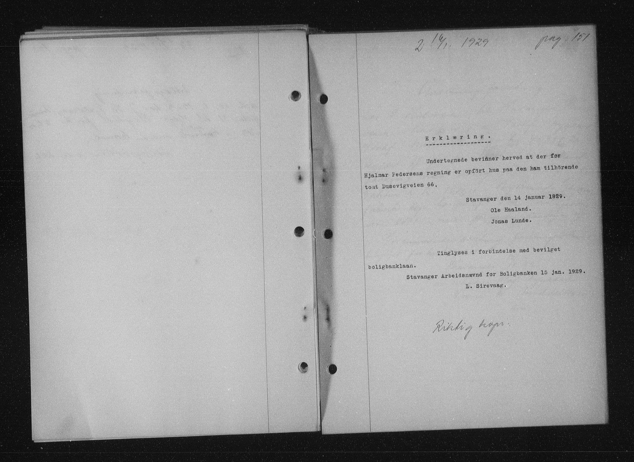 Stavanger byfogd, SAST/A-101408/001/4/41/410/410BB/L0055: Mortgage book no. 43, 1928-1929, Deed date: 16.01.1929