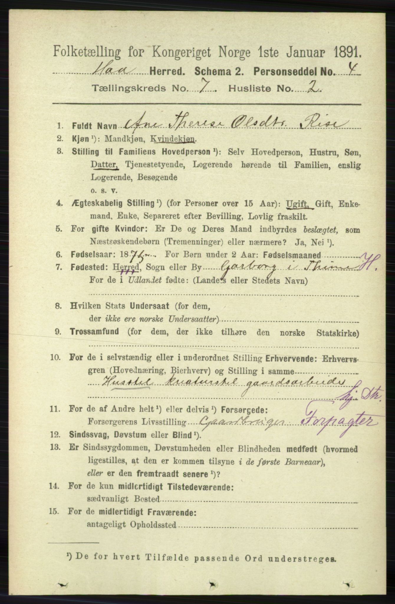 RA, 1891 census for 1119 Hå, 1891, p. 1924