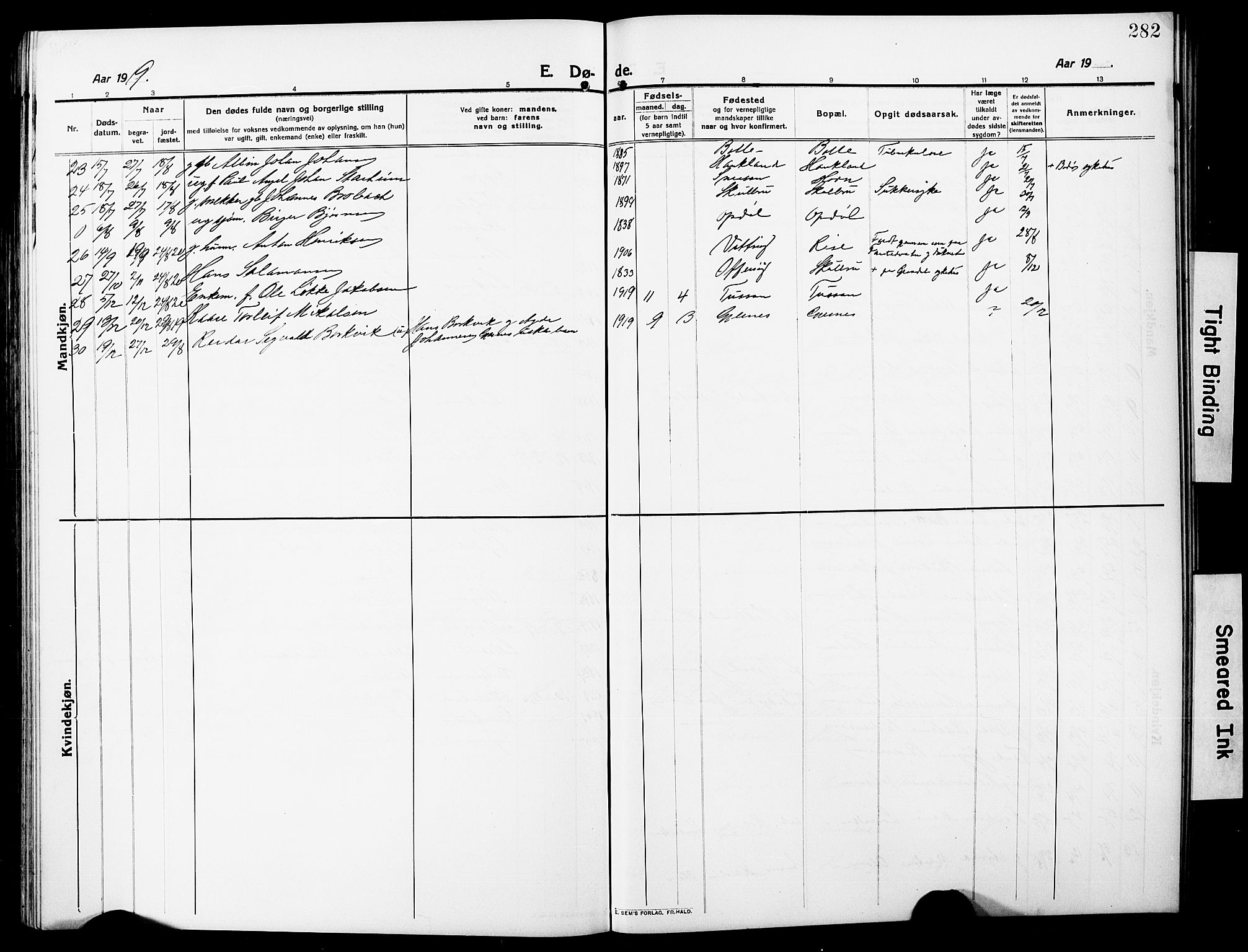 Ministerialprotokoller, klokkerbøker og fødselsregistre - Nordland, AV/SAT-A-1459/881/L1169: Parish register (copy) no. 881C06, 1912-1930, p. 282