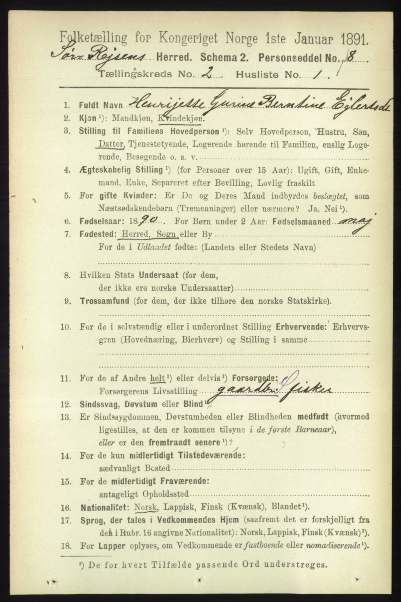 RA, 1891 census for 1925 Sørreisa, 1891, p. 384