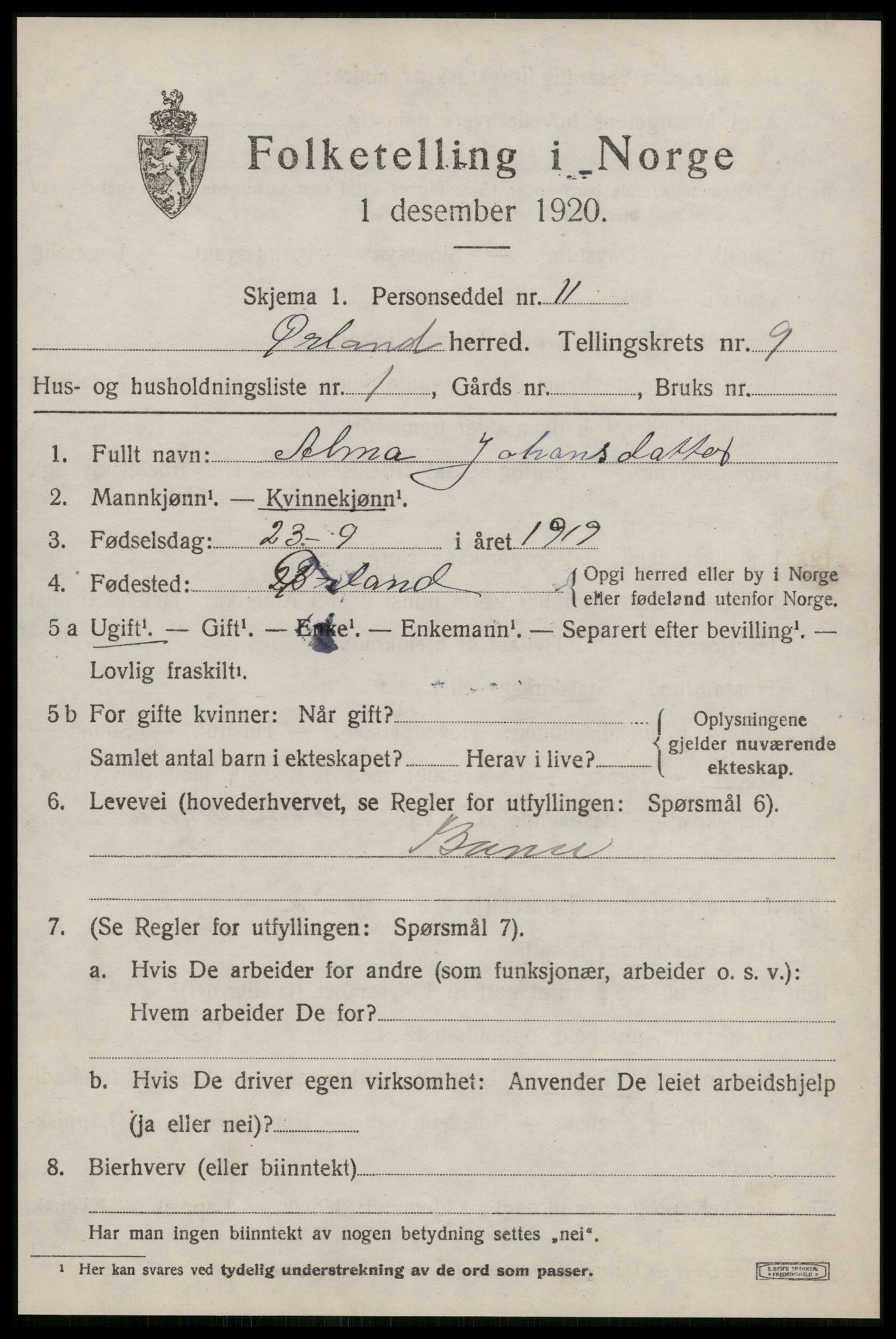 SAT, 1920 census for Ørland, 1920, p. 7855