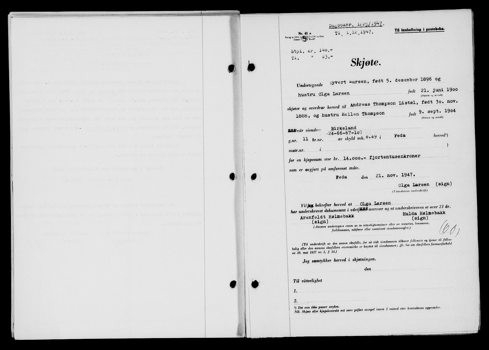 Flekkefjord sorenskriveri, AV/SAK-1221-0001/G/Gb/Gba/L0063: Mortgage book no. A-11, 1947-1948, Diary no: : 1225/1947