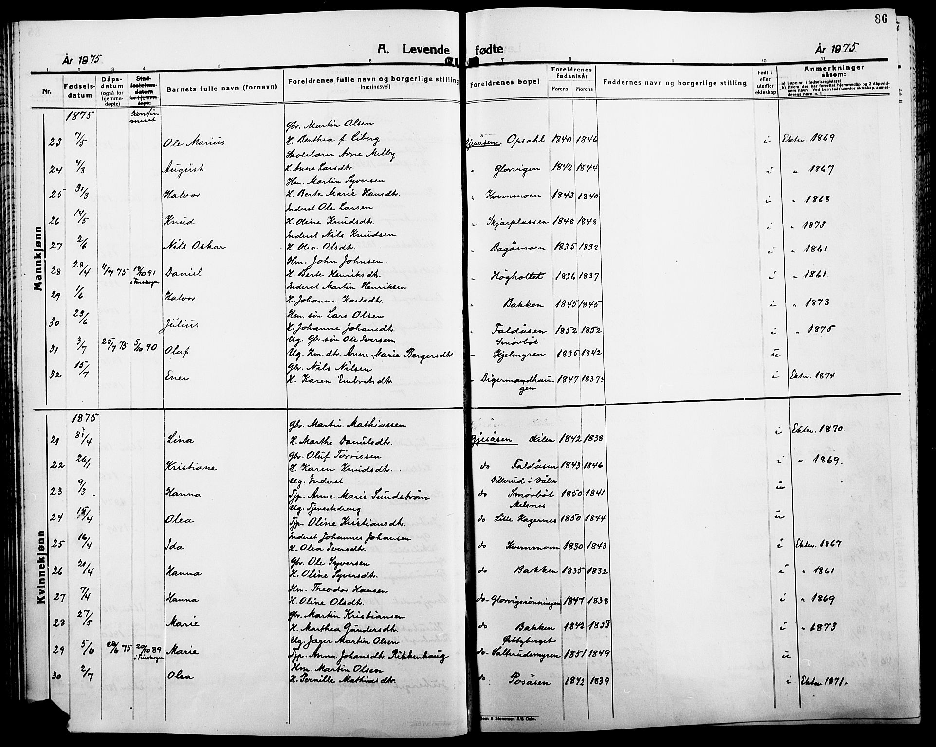 Åsnes prestekontor, SAH/PREST-042/H/Ha/Haa/L0000B: Parish register (official), 1870-1889, p. 86