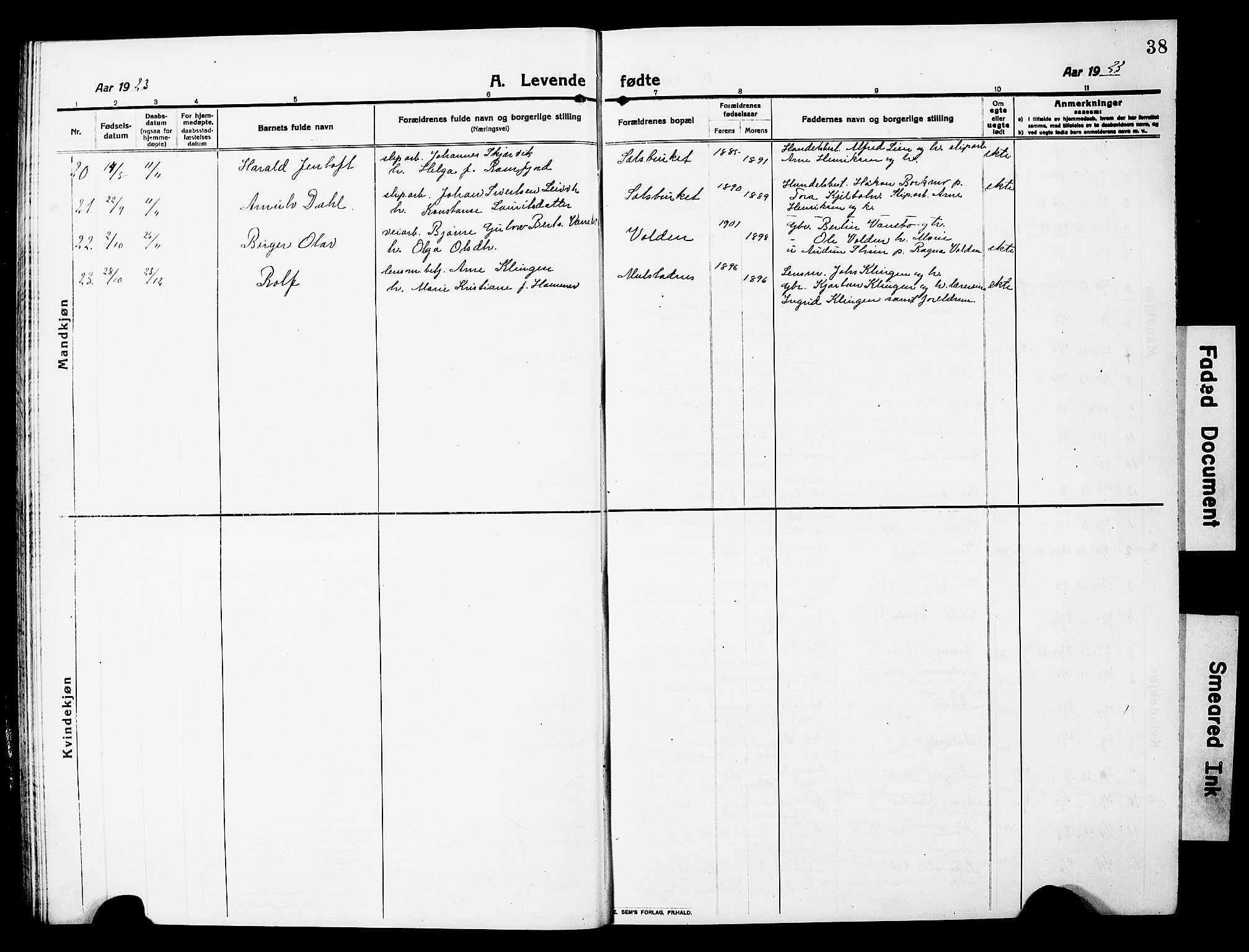 Ministerialprotokoller, klokkerbøker og fødselsregistre - Nord-Trøndelag, SAT/A-1458/780/L0653: Parish register (copy) no. 780C05, 1911-1927, p. 38