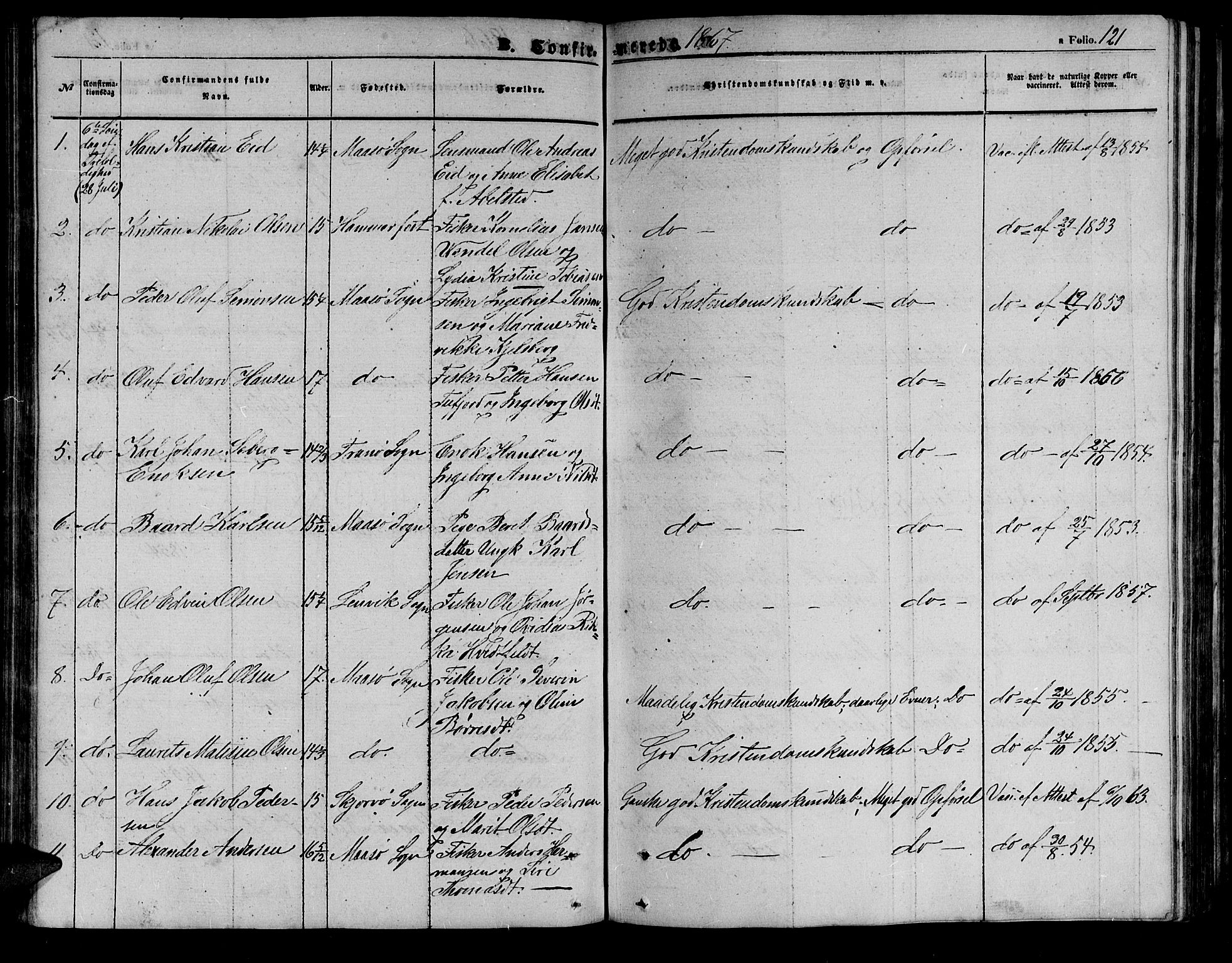 Måsøy sokneprestkontor, SATØ/S-1348/H/Hb/L0001klokker: Parish register (copy) no. 1, 1852-1877, p. 121