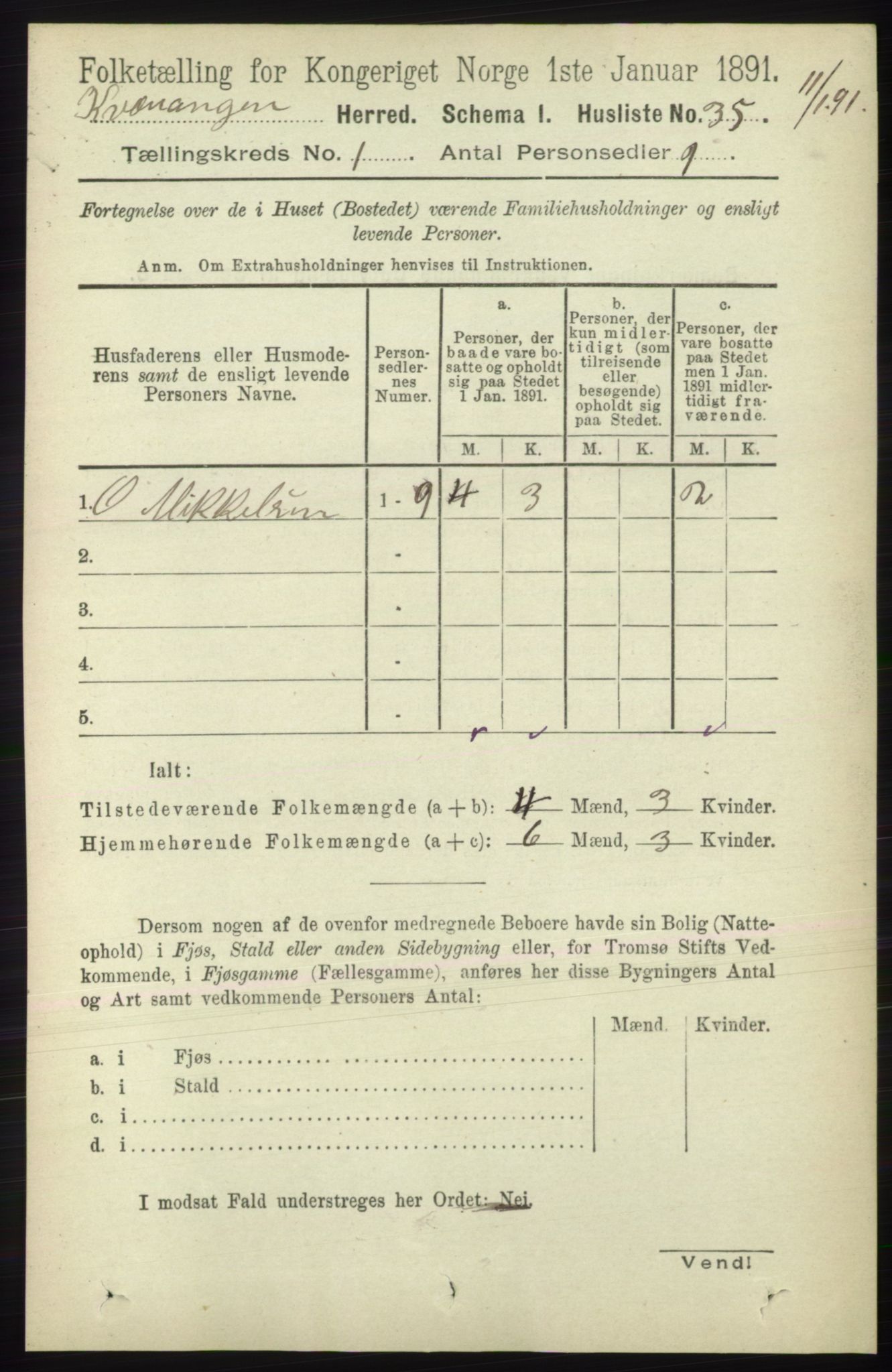 RA, 1891 census for 1943 Kvænangen, 1891, p. 49