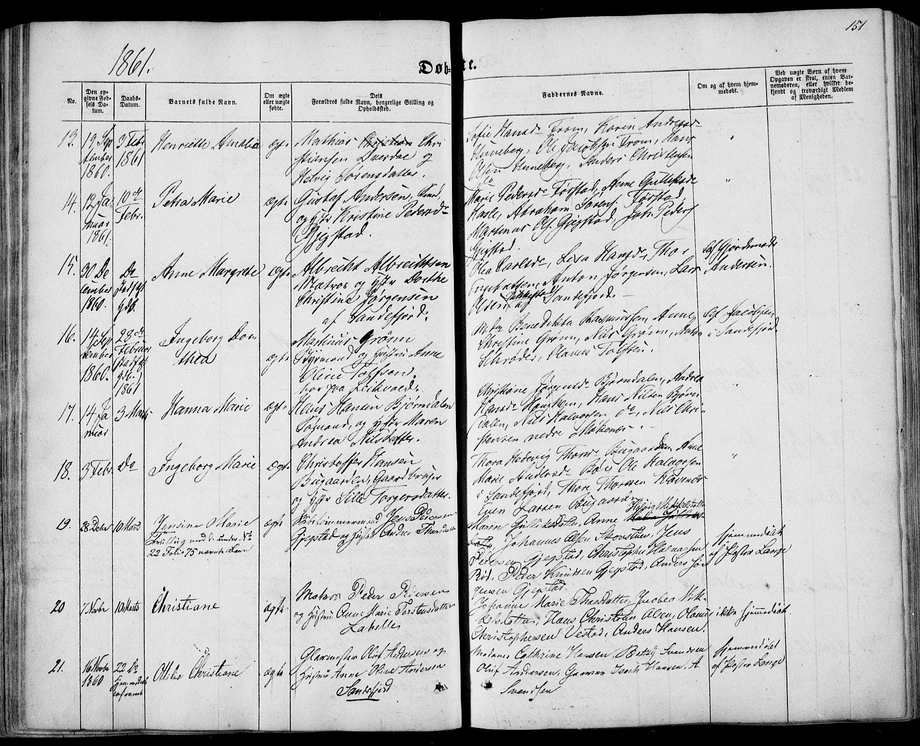 Sandar kirkebøker, SAKO/A-243/F/Fa/L0007: Parish register (official) no. 7, 1855-1861, p. 151