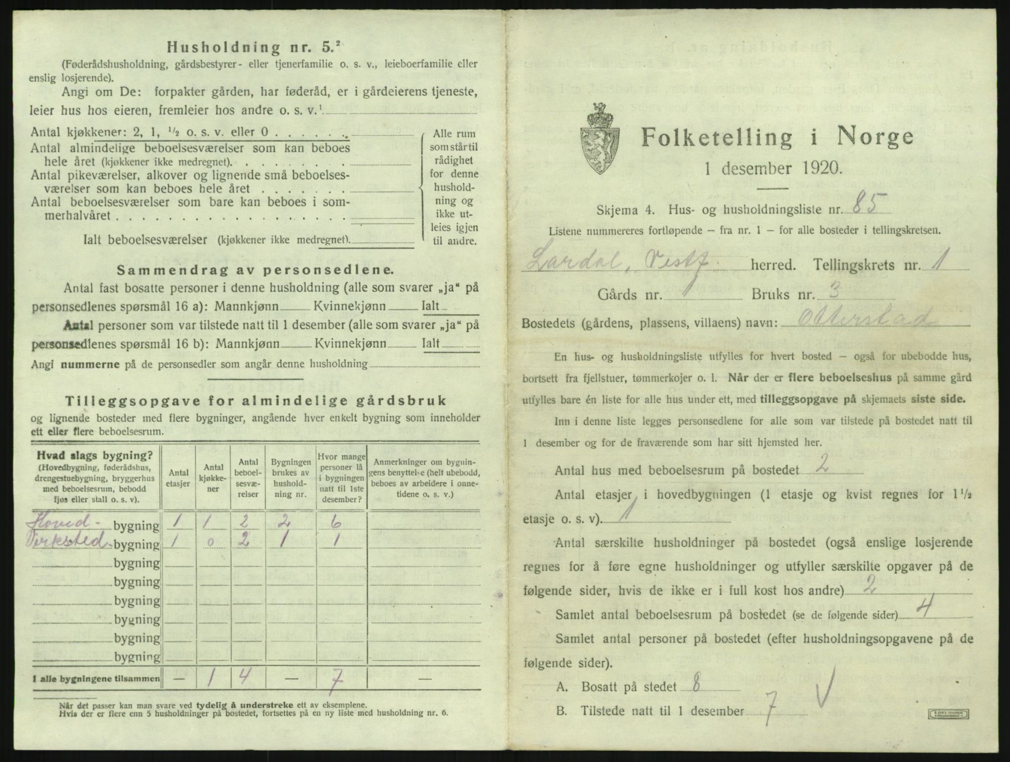 SAKO, 1920 census for Lardal, 1920, p. 207