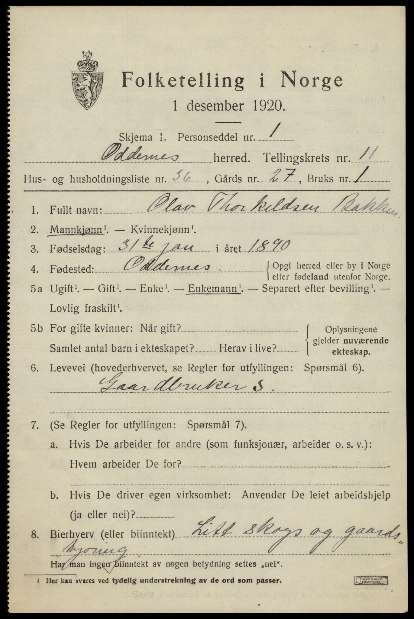 SAK, 1920 census for Oddernes, 1920, p. 7445