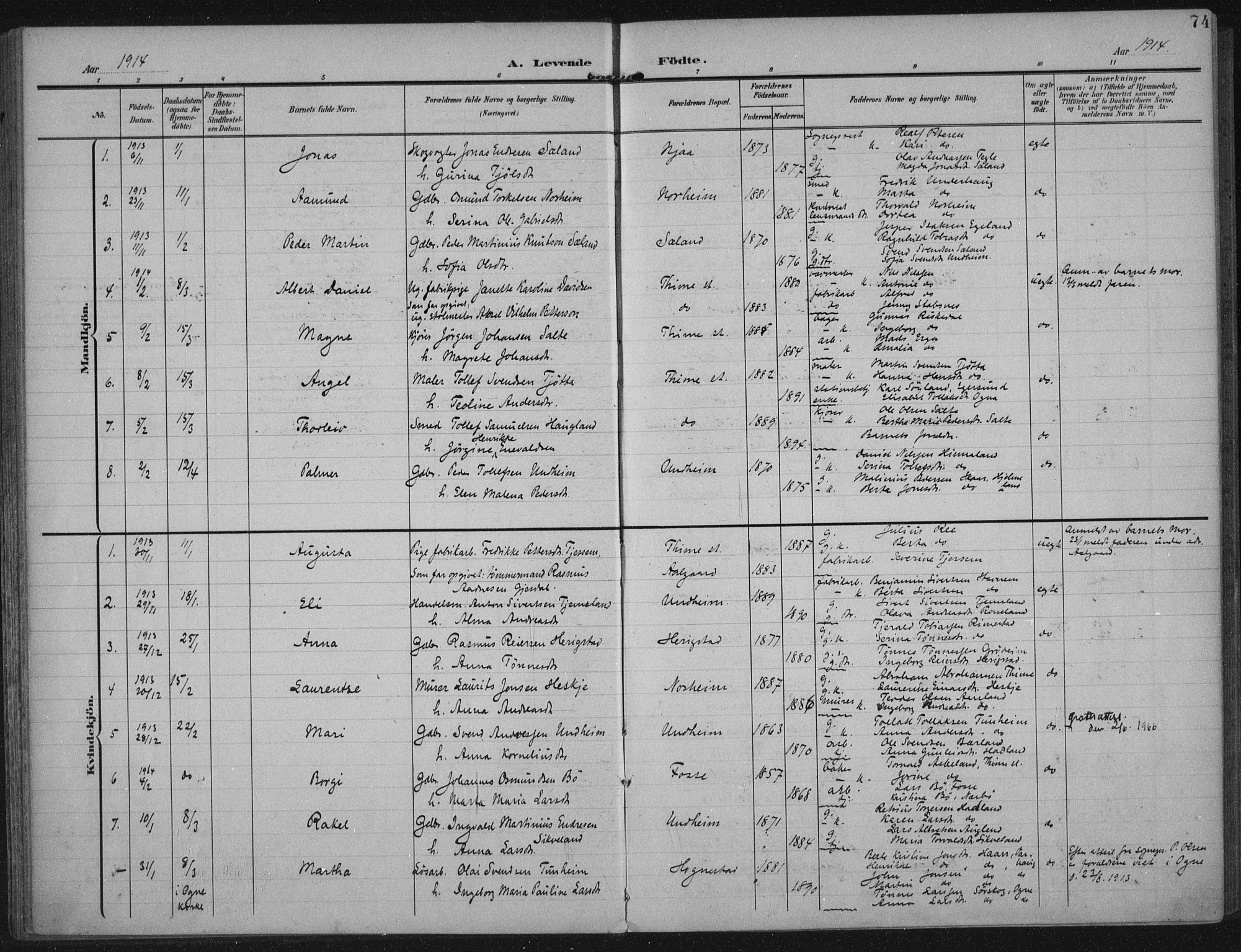 Lye sokneprestkontor, SAST/A-101794/002/A/L0001: Parish register (official) no. A 12, 1904-1920, p. 74