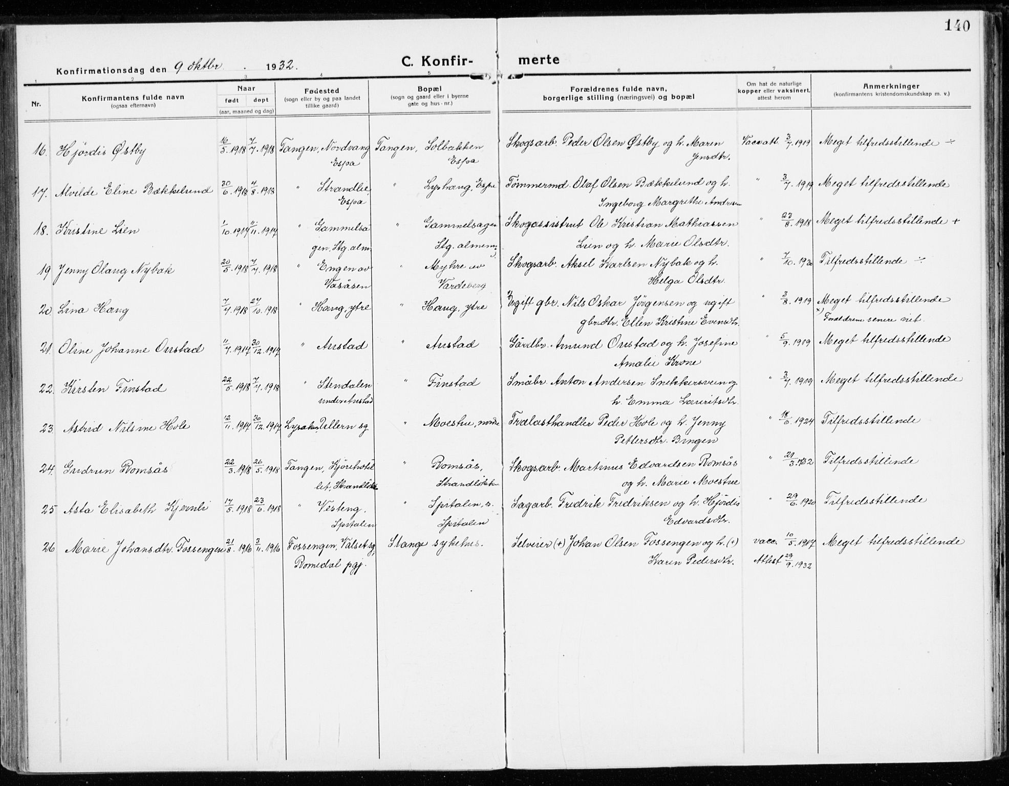 Stange prestekontor, AV/SAH-PREST-002/K/L0025: Parish register (official) no. 25, 1921-1945, p. 140