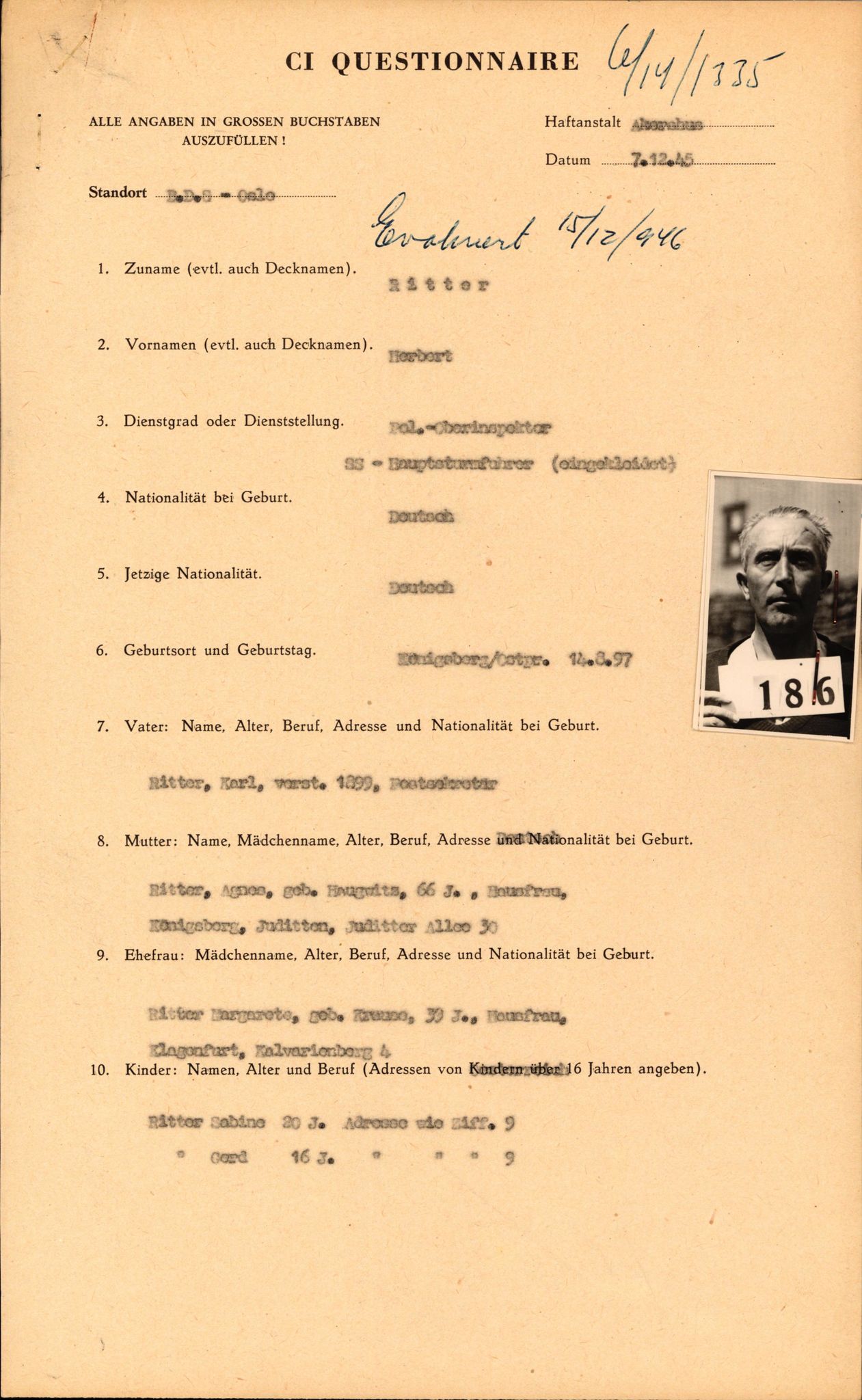 Forsvaret, Forsvarets overkommando II, AV/RA-RAFA-3915/D/Db/L0027: CI Questionaires. Tyske okkupasjonsstyrker i Norge. Tyskere., 1945-1946, p. 441