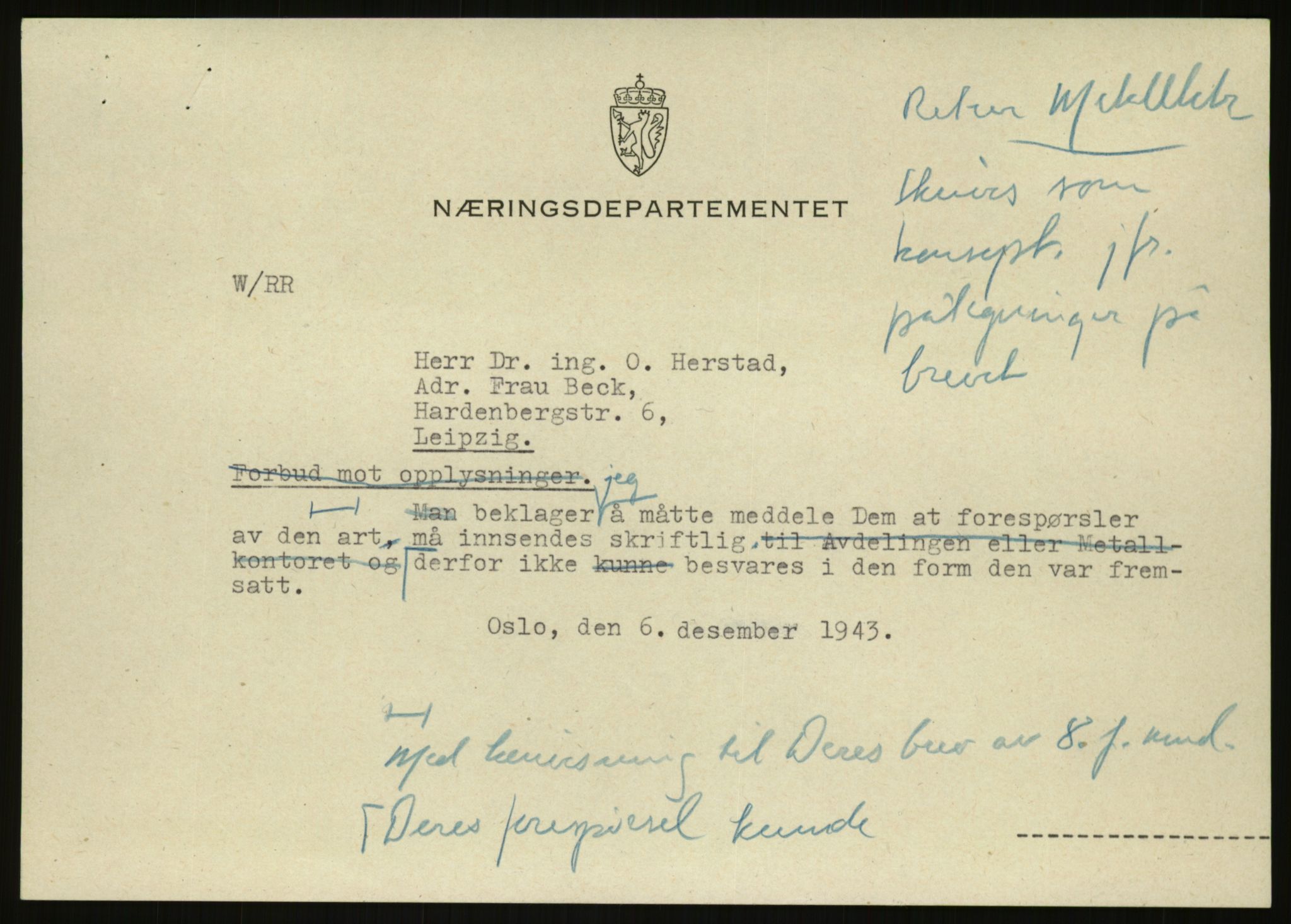 Direktoratet for industriforsyning, Sekretariatet, AV/RA-S-4153/D/Df/L0054: 9. Metallkontoret, 1940-1945, p. 463